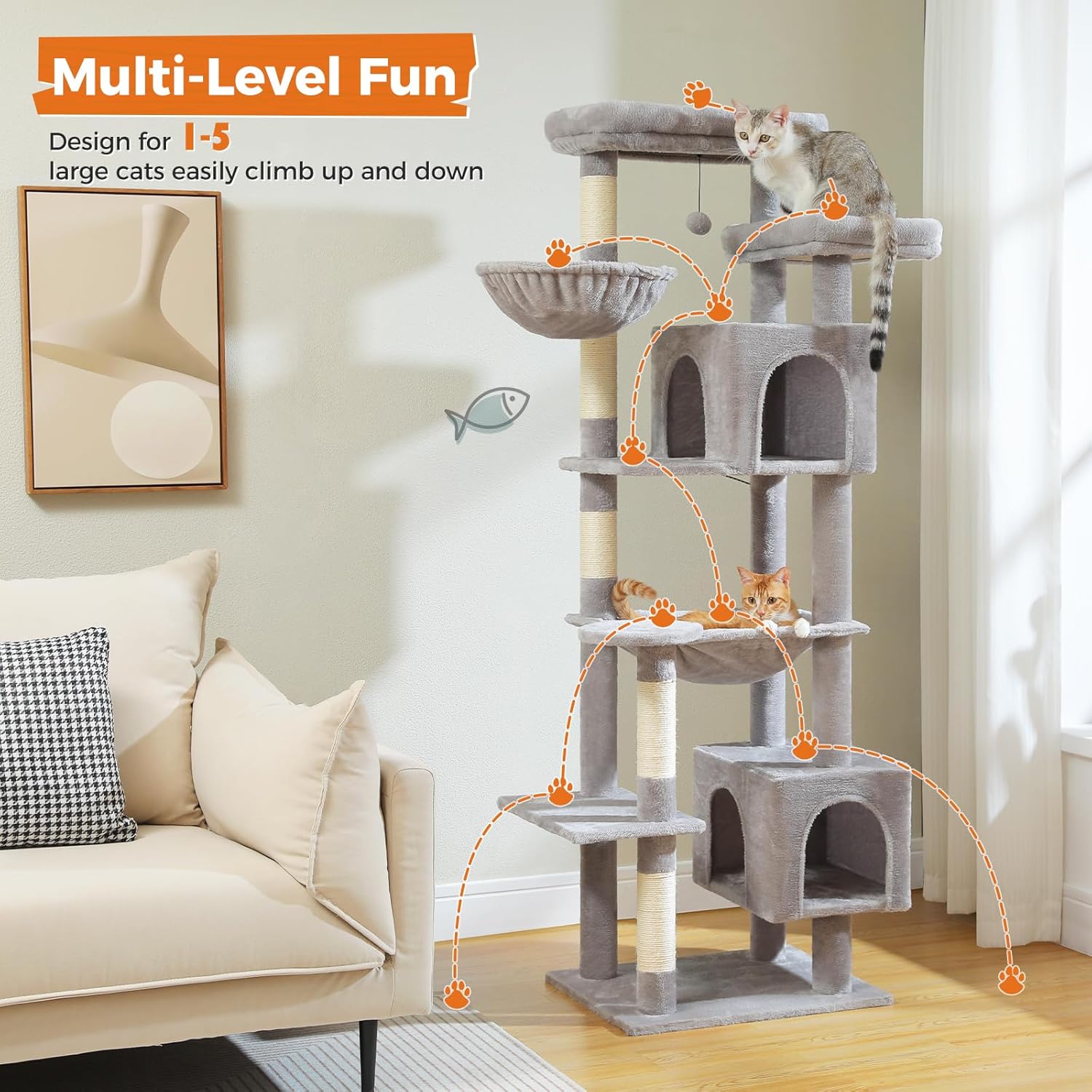 Cat tree with multiple levels and a cat on top in a living room setting.
