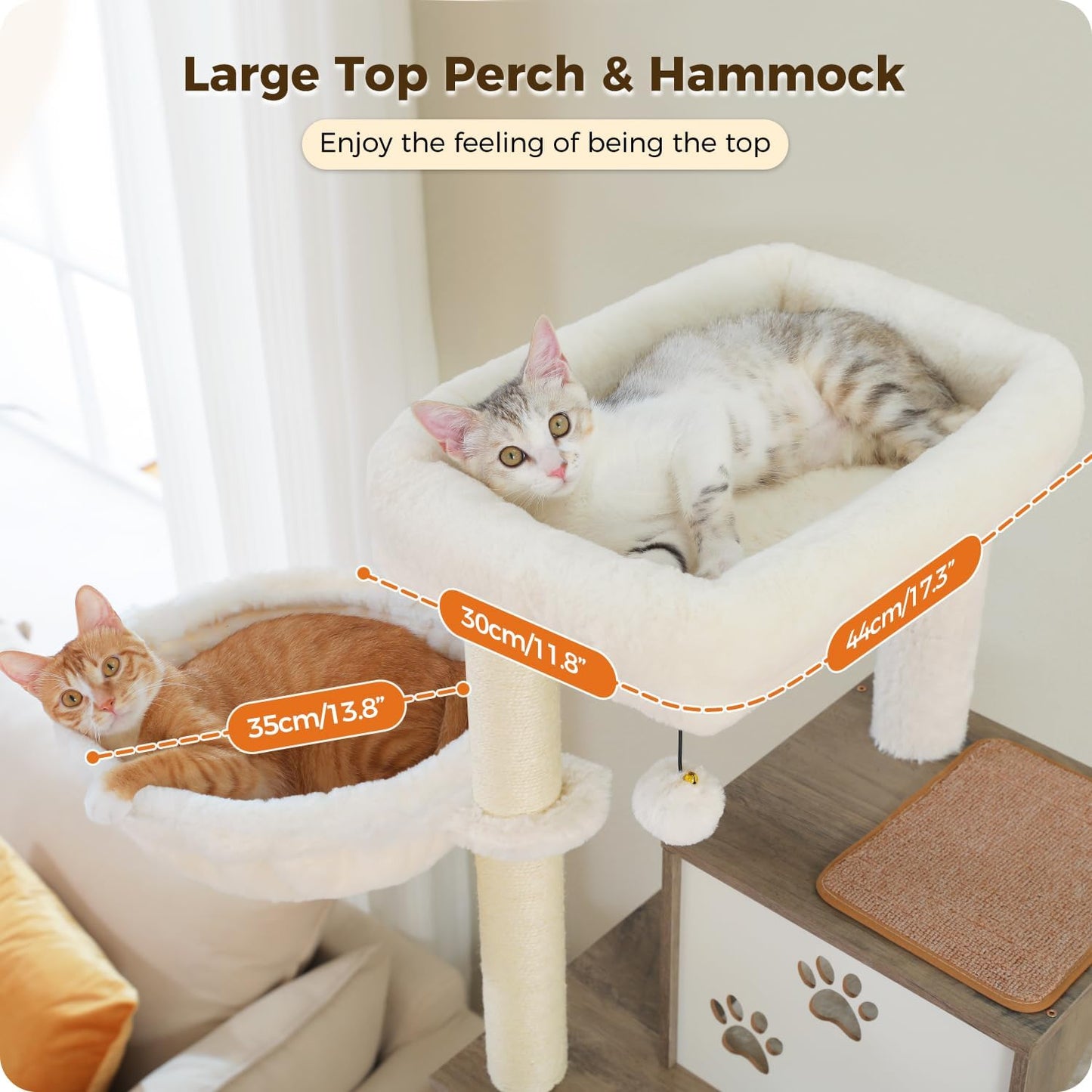 Cat lounging on a large top perch and hammock with measurements indicated.