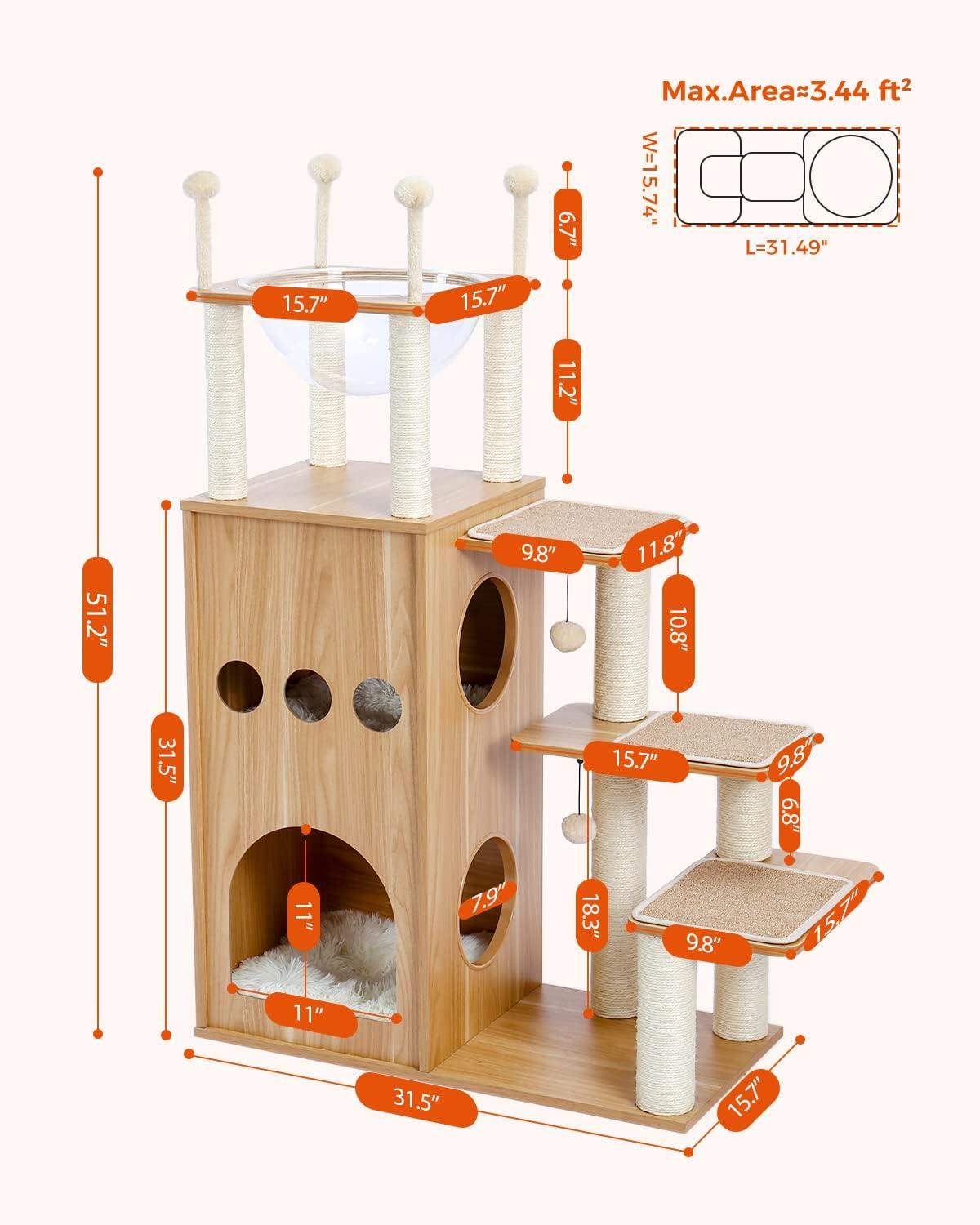 PAWZ Road 51" Extra Tall Sky-Castle Design Wooden Modern Luxury Cat Tree