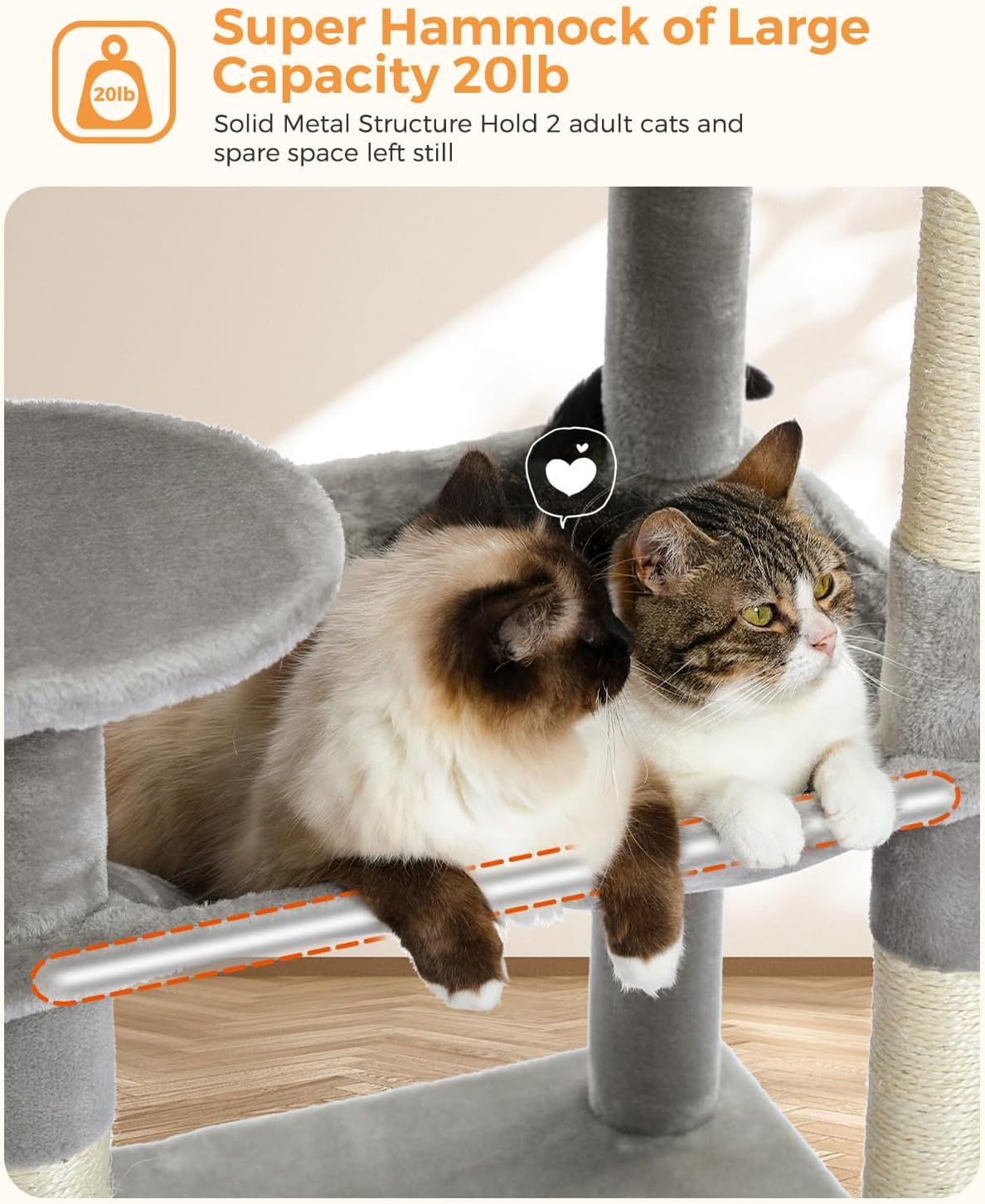 pawz road Cat sitting on a gray cat tree with text indicating its capacity and features.