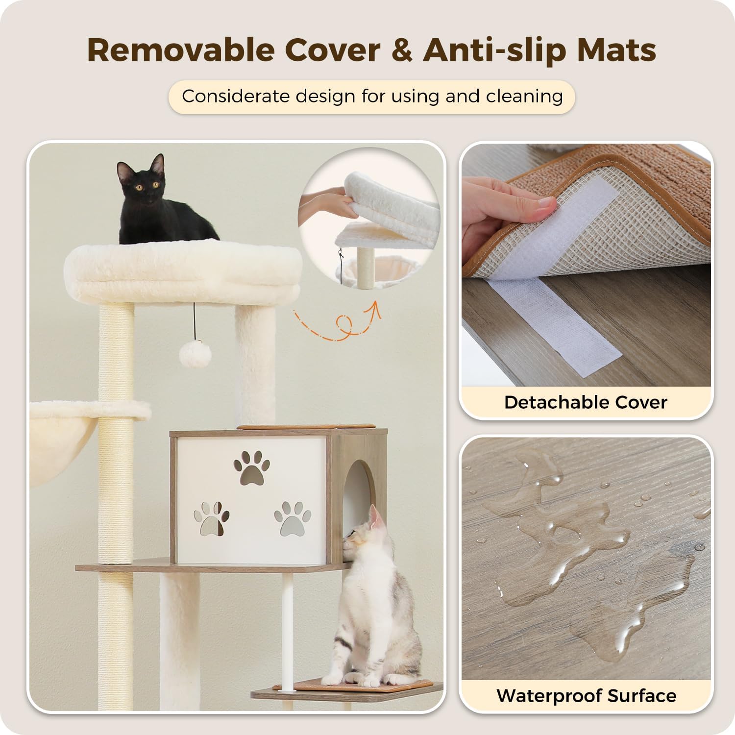 Cat tree with removable cover and anti-slip mats, showing a cat using the tree and close-up details.
