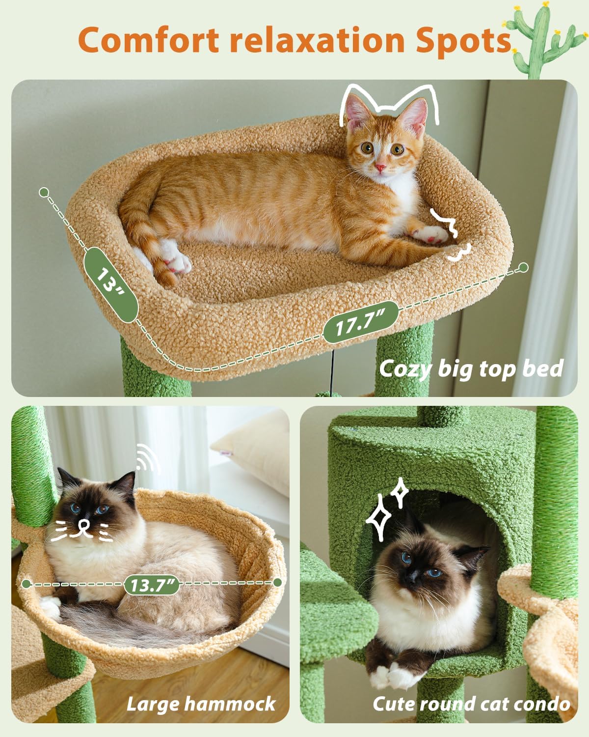 Cat lounging on a cozy cat tree with measurements and text indicating comfort relaxation spots.