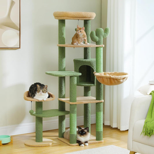Cat tree with multiple levels and a basket, with cats on different levels.