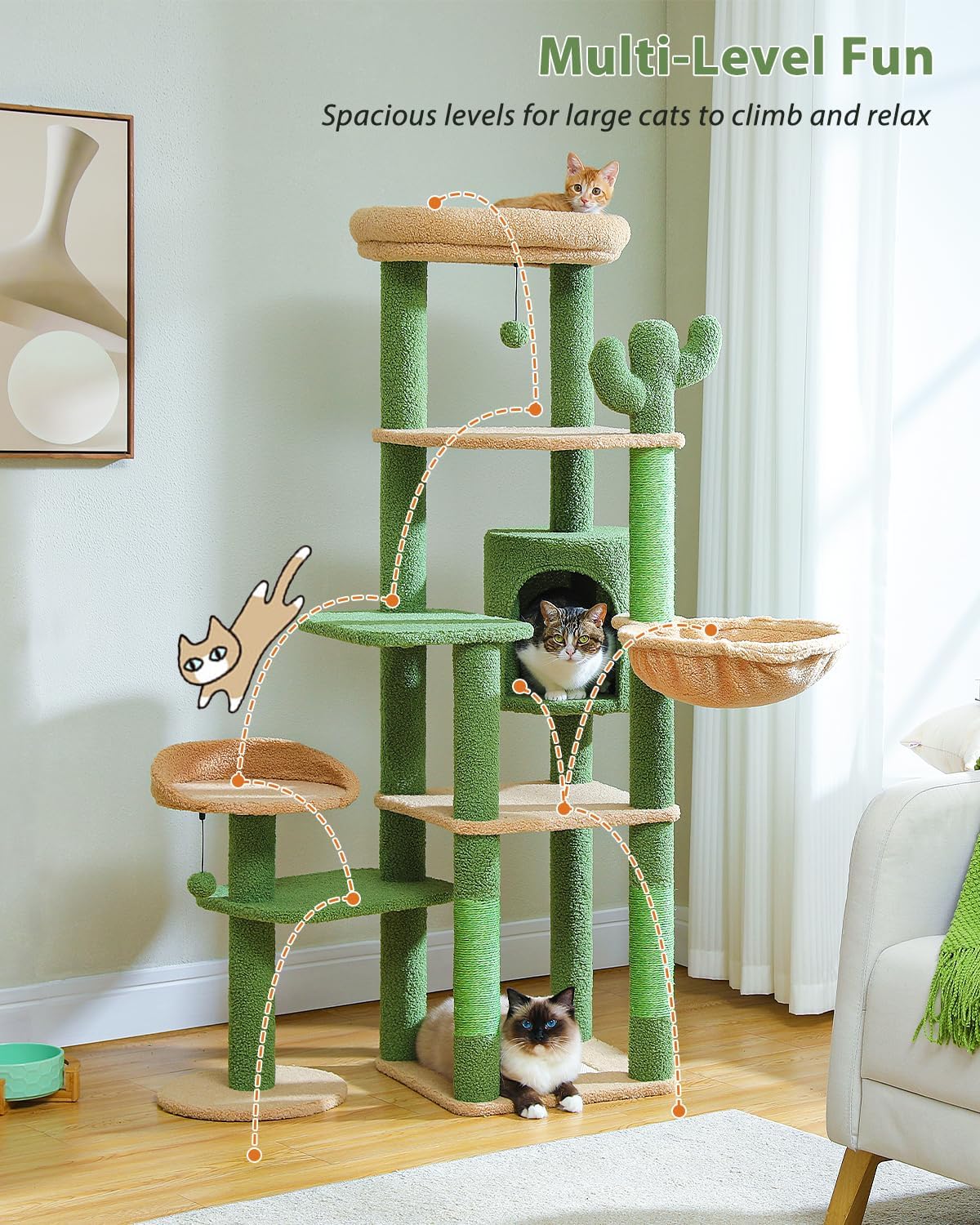 Multi-level cat tree with cats on different levels in a room.