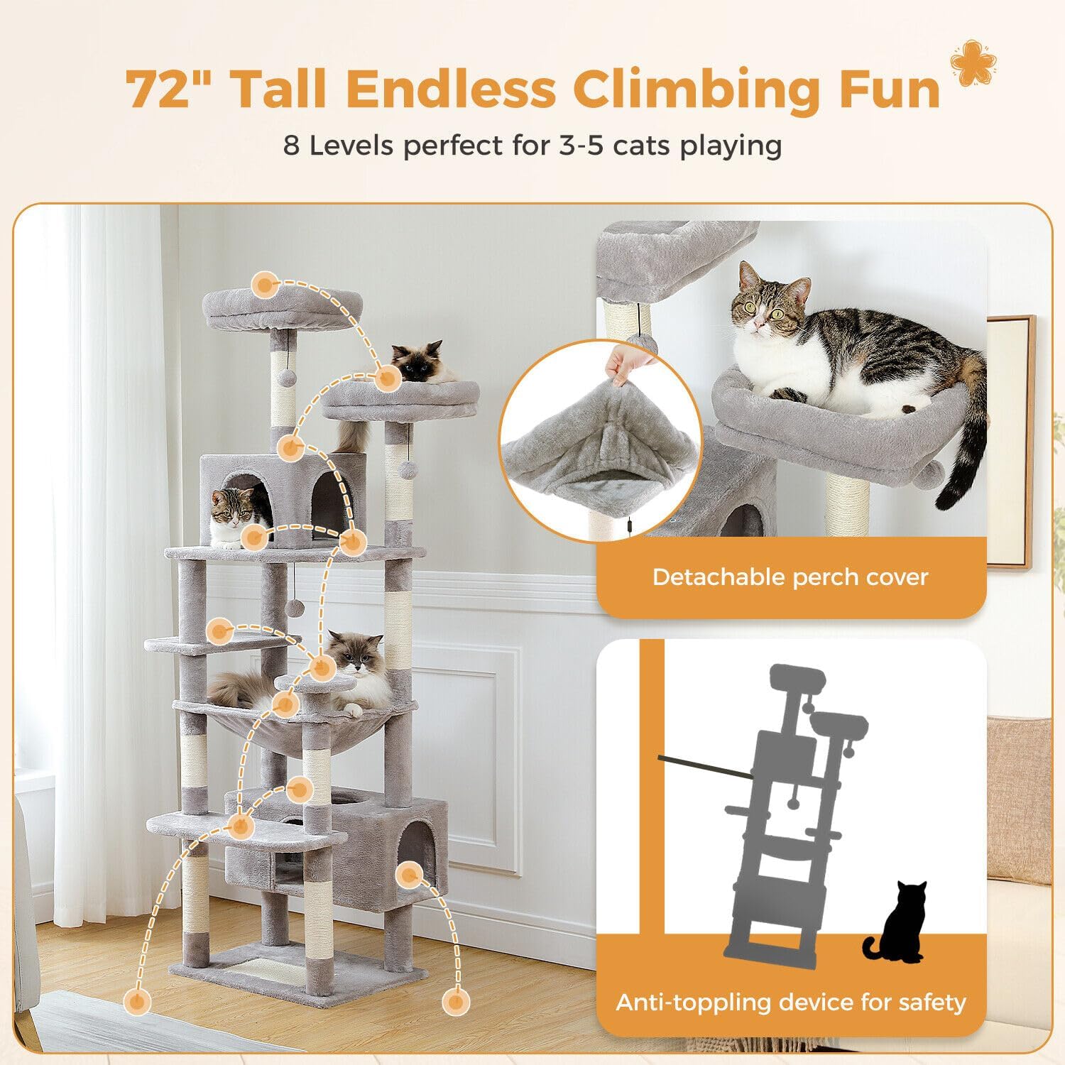 Cat climbing tree with multiple levels and a detachable perch cover, suitable for 3-5 cats.