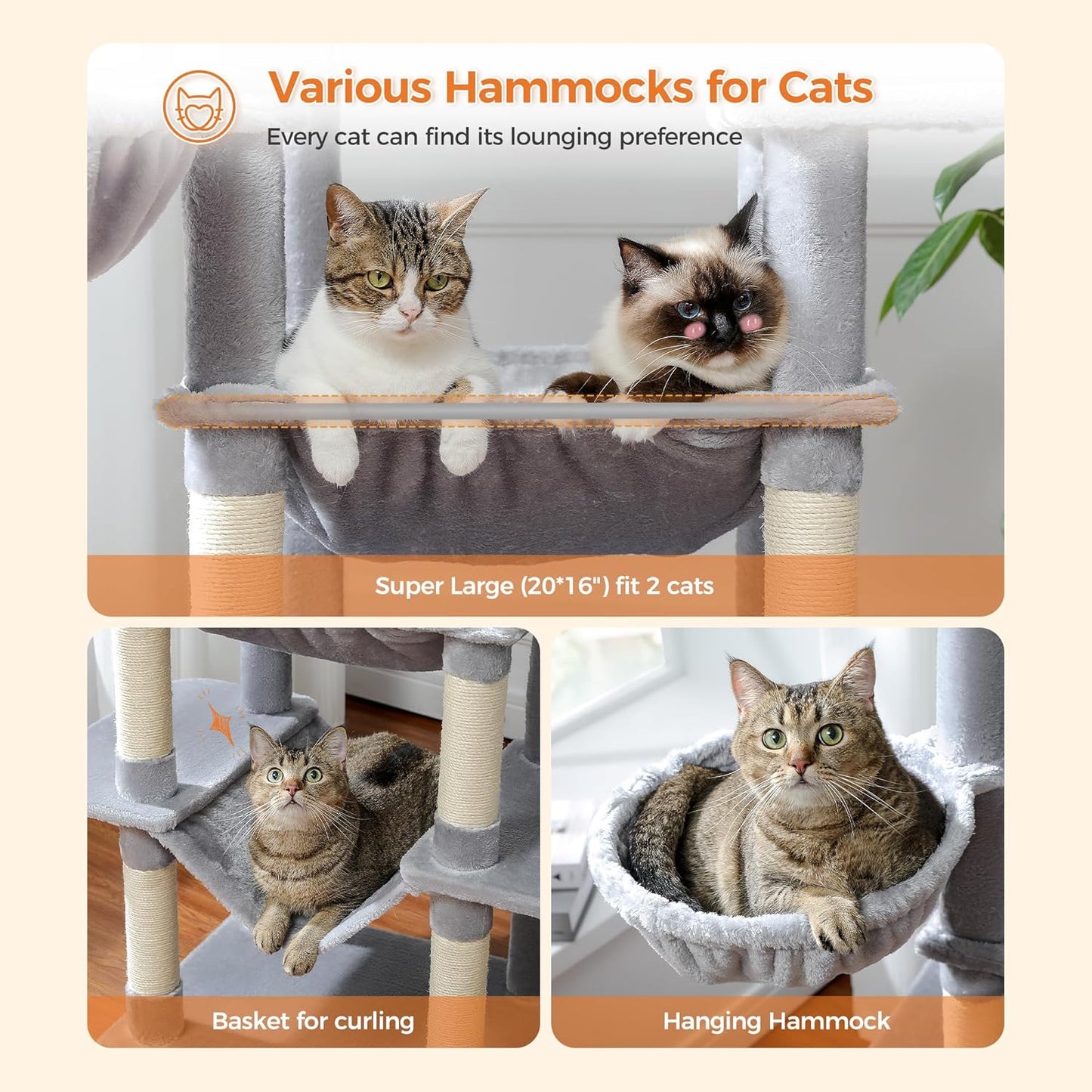 pawzroad Cat hammocks and tree with two cats on a beige background