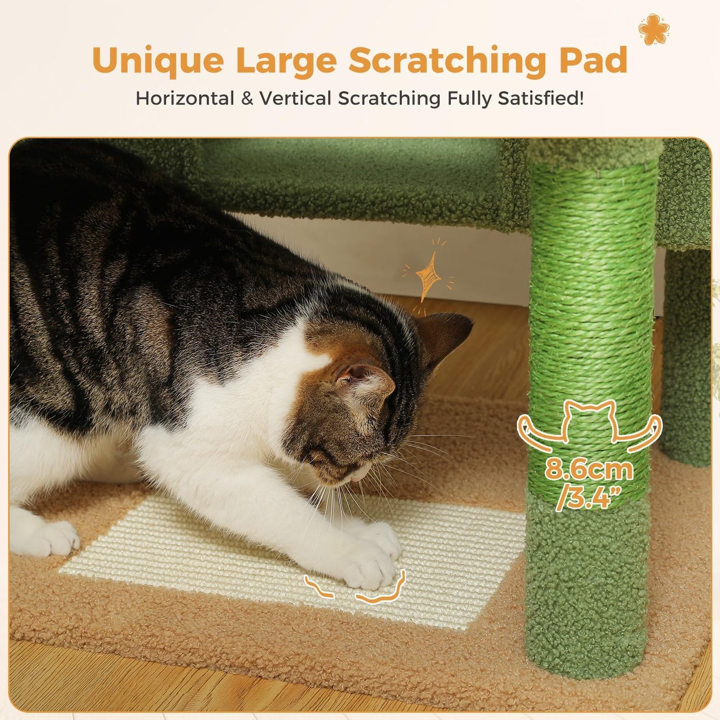 Cat using a green scratching pad with text indicating its size.