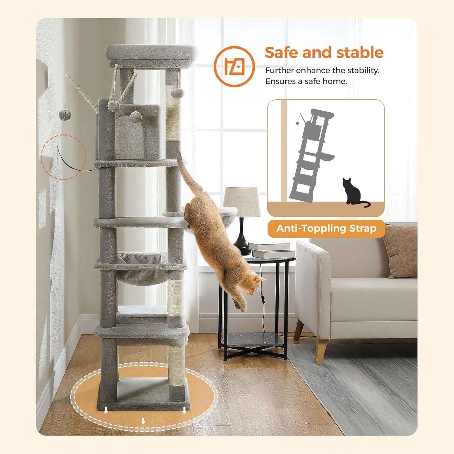 pawzroad Cat climbing tower with safety features in a living room setting