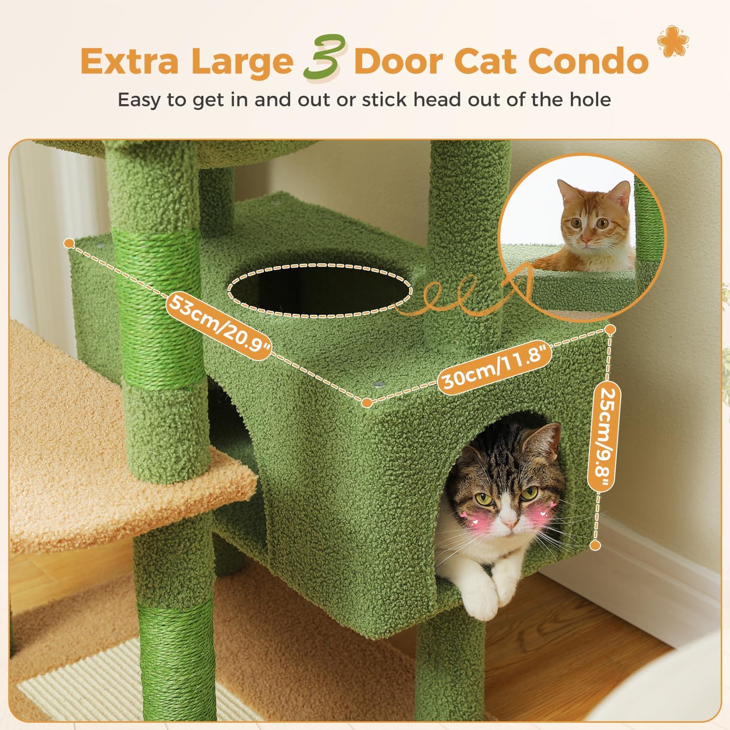 Extra Large Door Cat Condo with cats inside, showing dimensions and a cat sticking its head out of a hole.