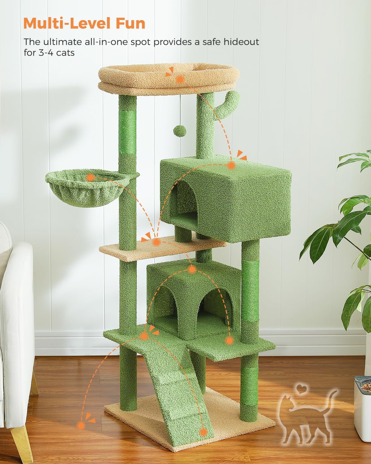 Green multi-level cat tree with various platforms and a safe hideout for cats, on a wooden floor.