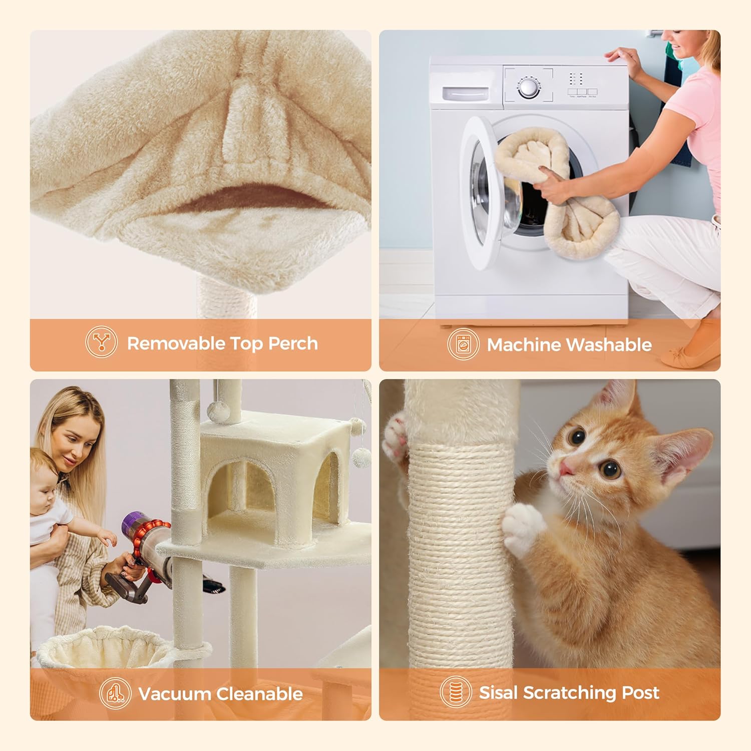 Collage of a cat tree with features like removable top perch, machine washability, vacuum cleanability, and sisal scratching post.
