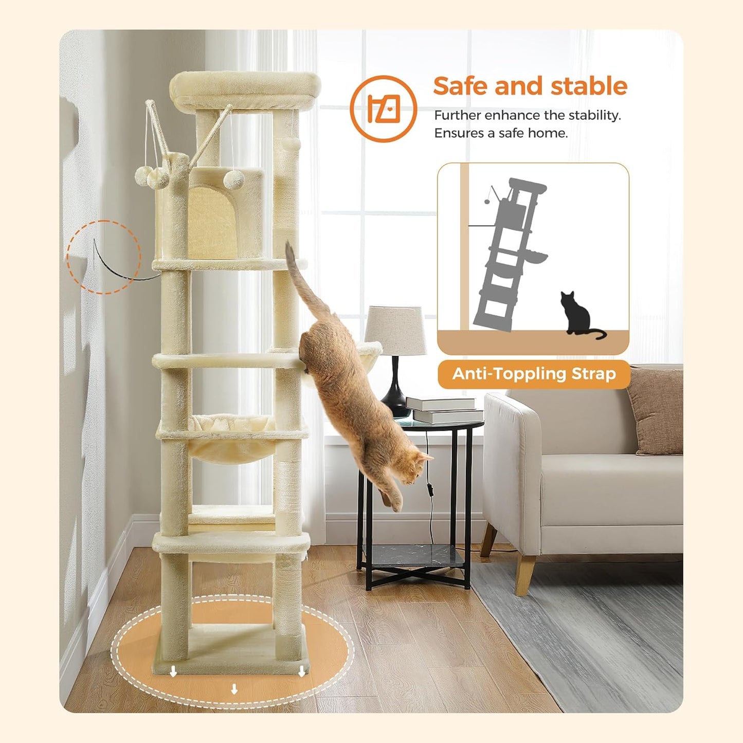 pawz road Cat climbing tree with safety features in a living room setting
