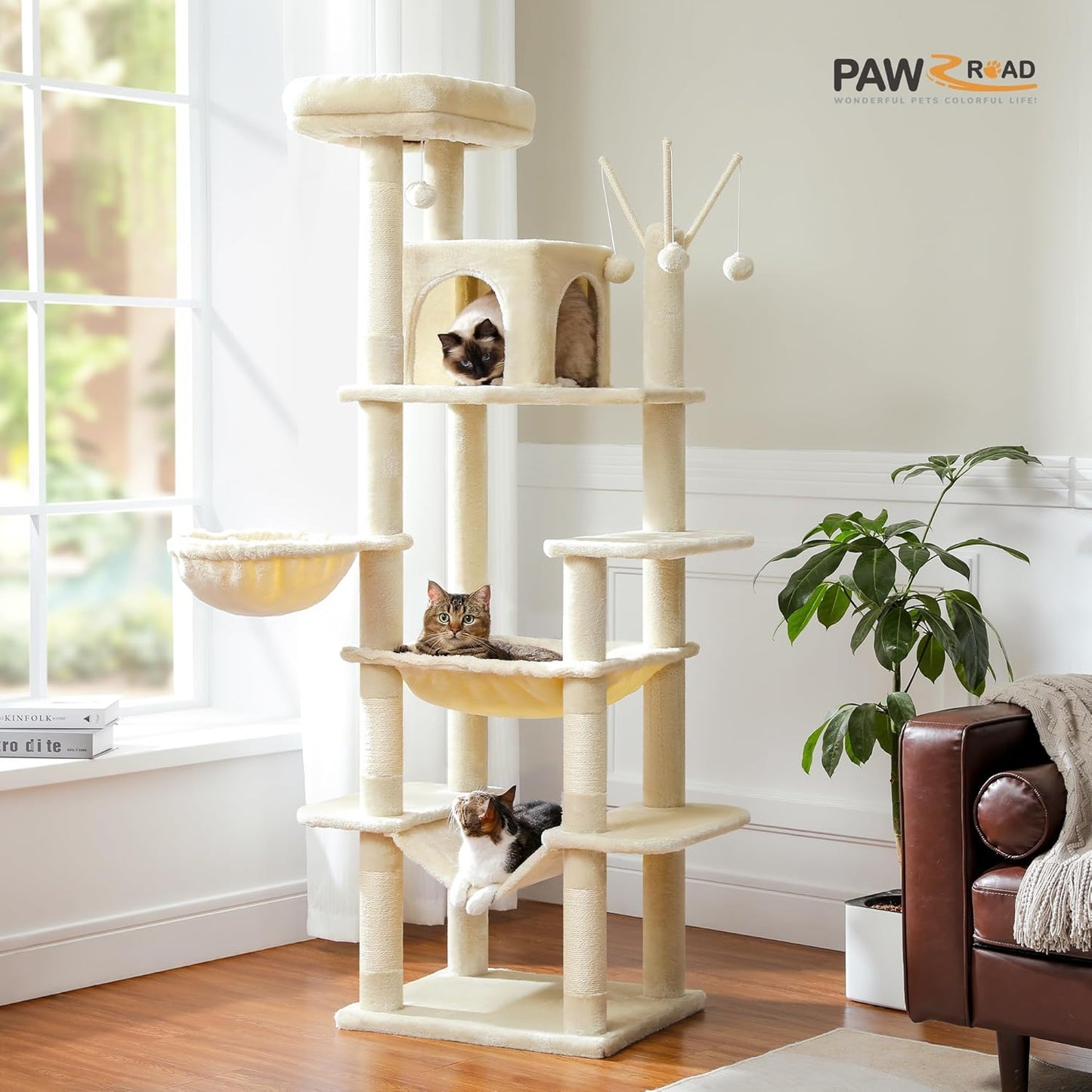 pawz road Cat tree with multiple levels and a cat resting on it, in a room with a window and plant.