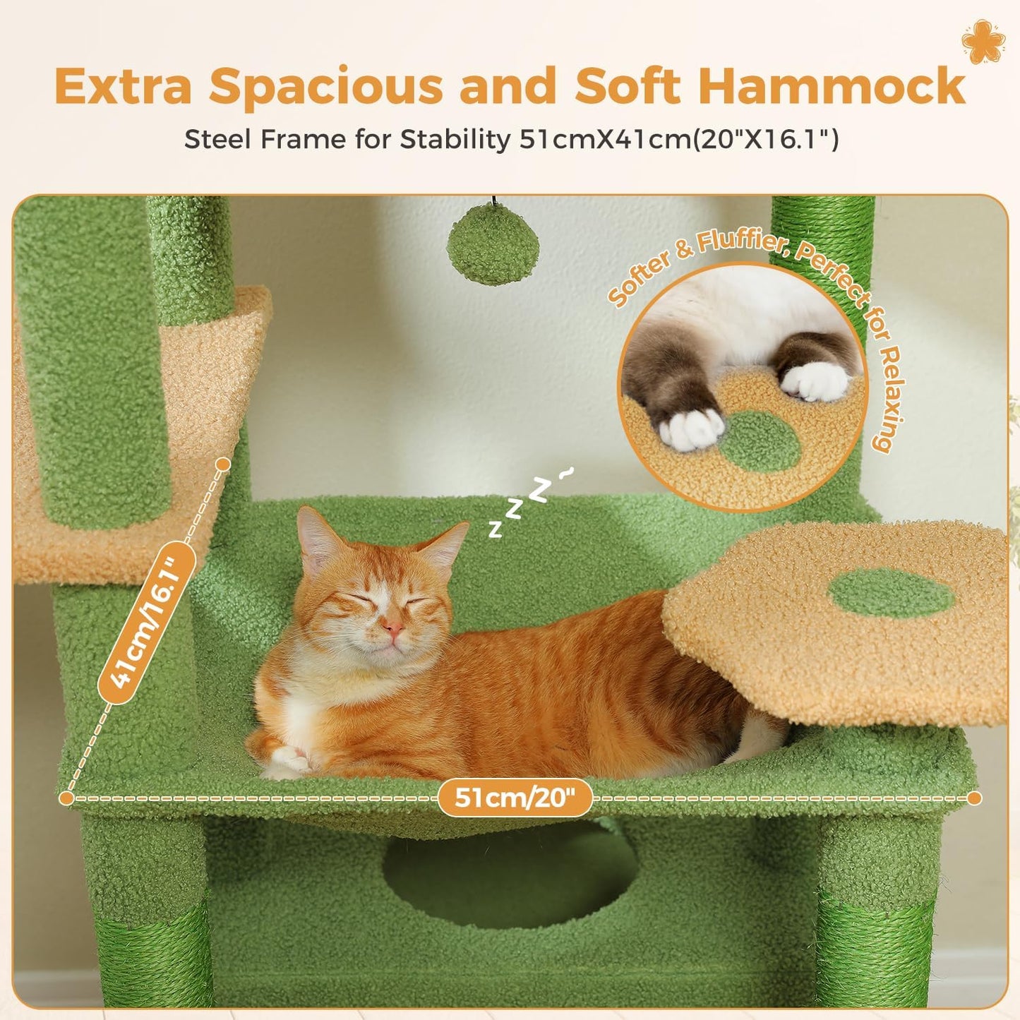 Cat lounging on a green cat tree with text highlighting features