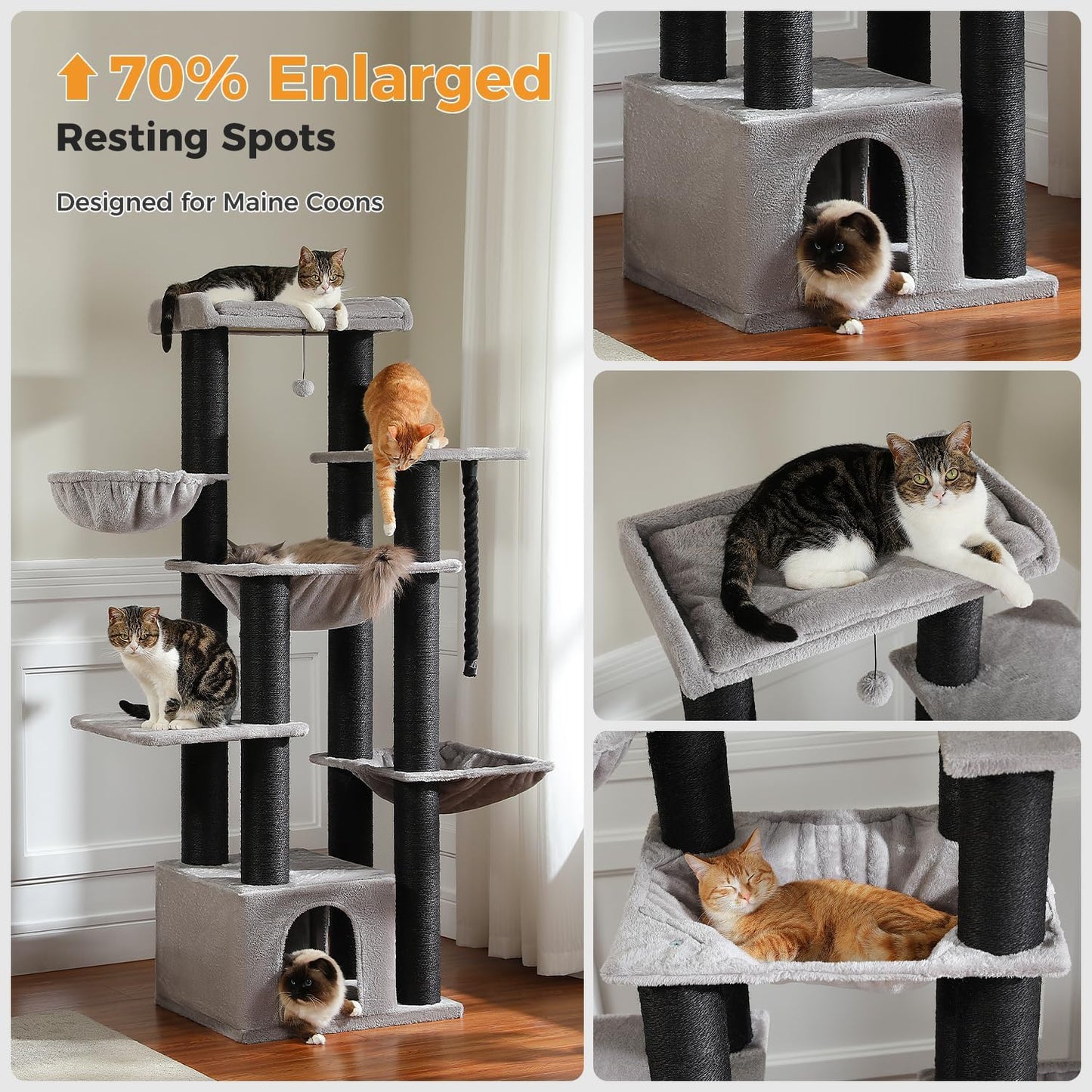 Cat tree with multiple cats on different levels, designed for Maine Coons.