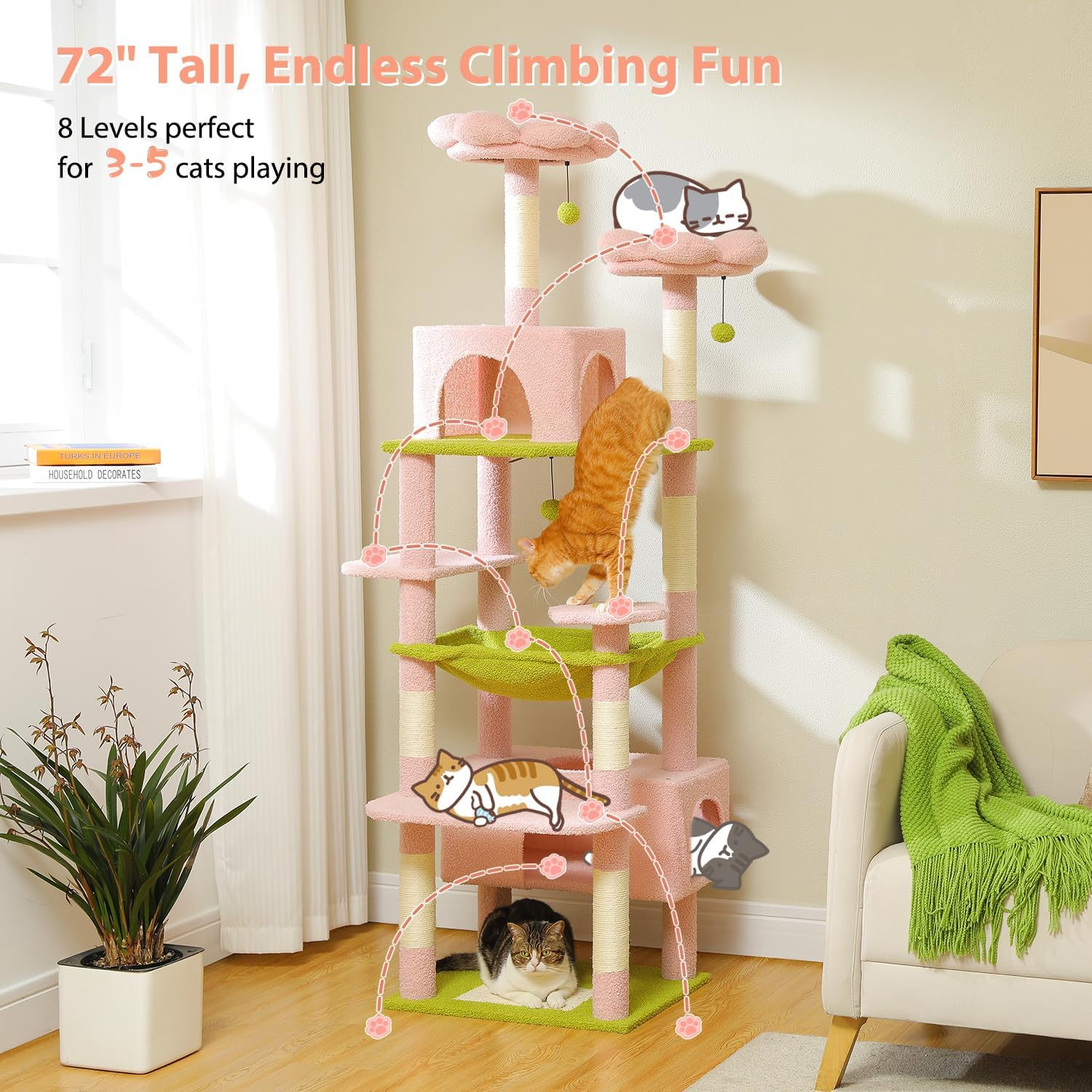 Cat climbing tree with multiple levels and toys in a room setting.