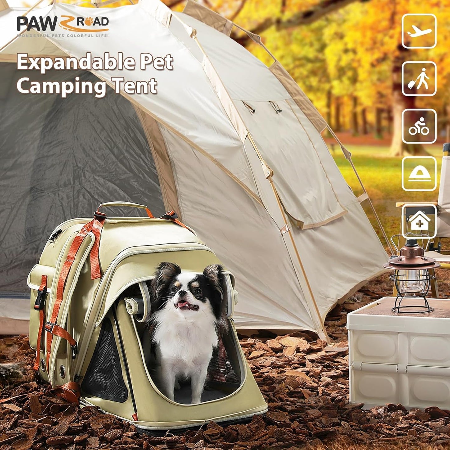 Expandable pet camping tent with a dog inside, set up outdoors.