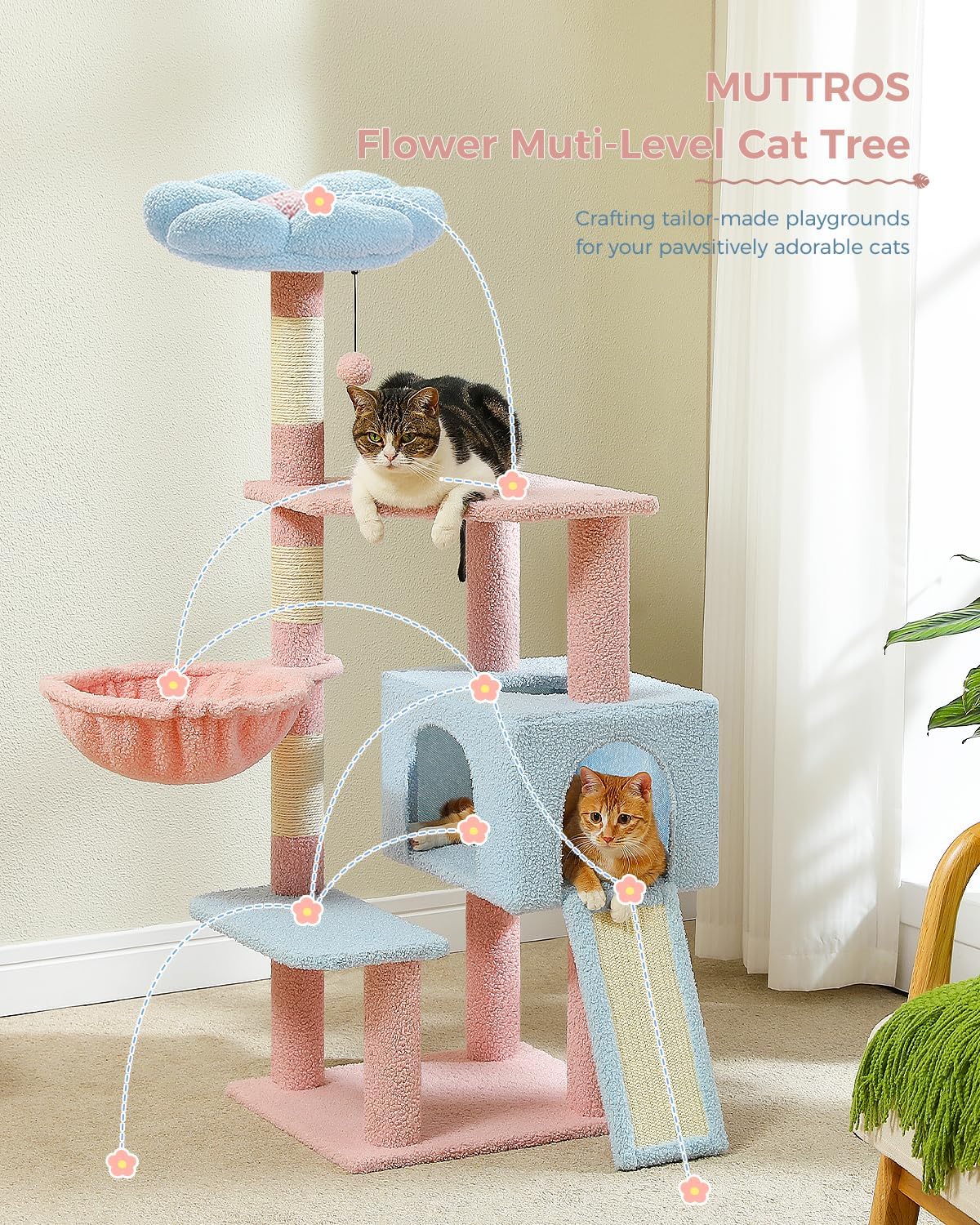 Cat tree with multiple levels and a cat sitting on it, with text about the brand 