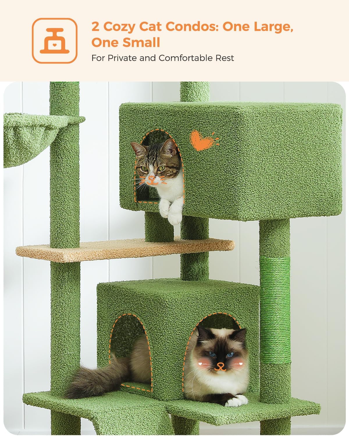 Green cat tree with two cats inside, labeled '2 Cozy Cat Condos: One Large, One Small'.