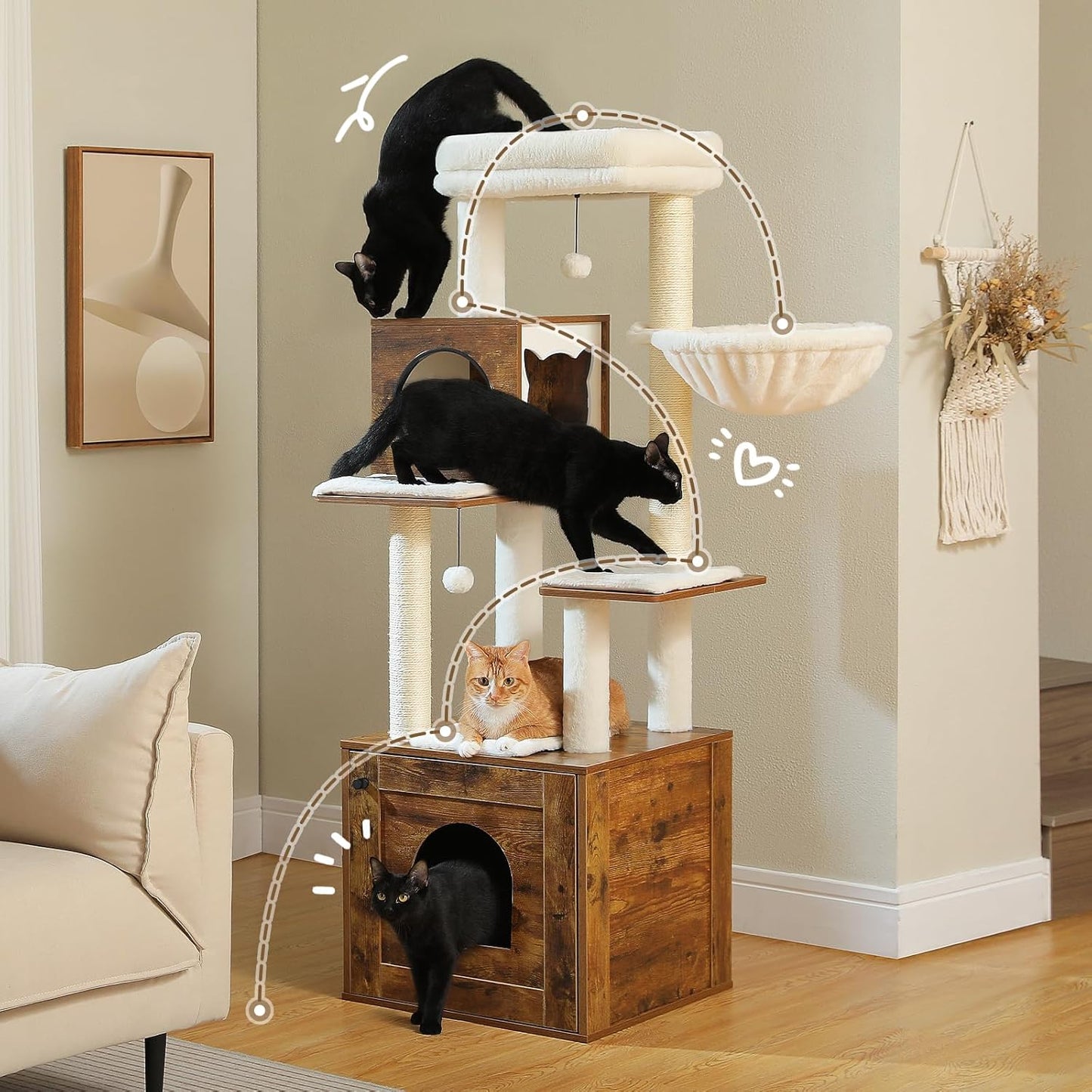 Modern Walnut Cat Tower with Hammock & Condo – 146cm Multi-Level Design