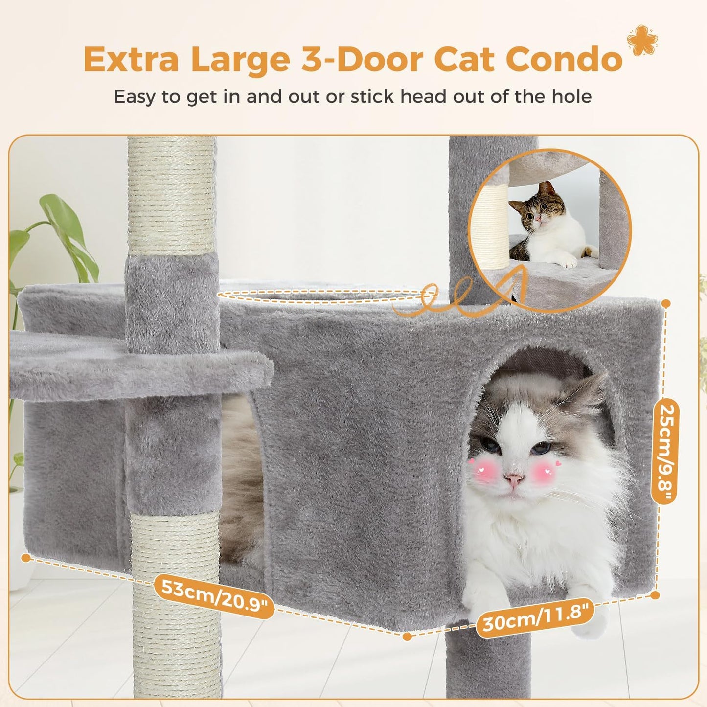 Extra Large 3-Door Cat Condo with a cat inside, showing dimensions and features.