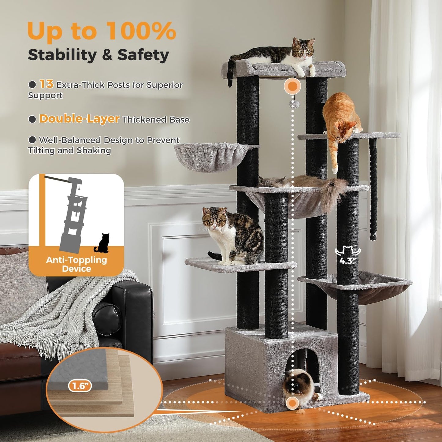 Cat tree with multiple levels and features highlighted, including stability and safety details.