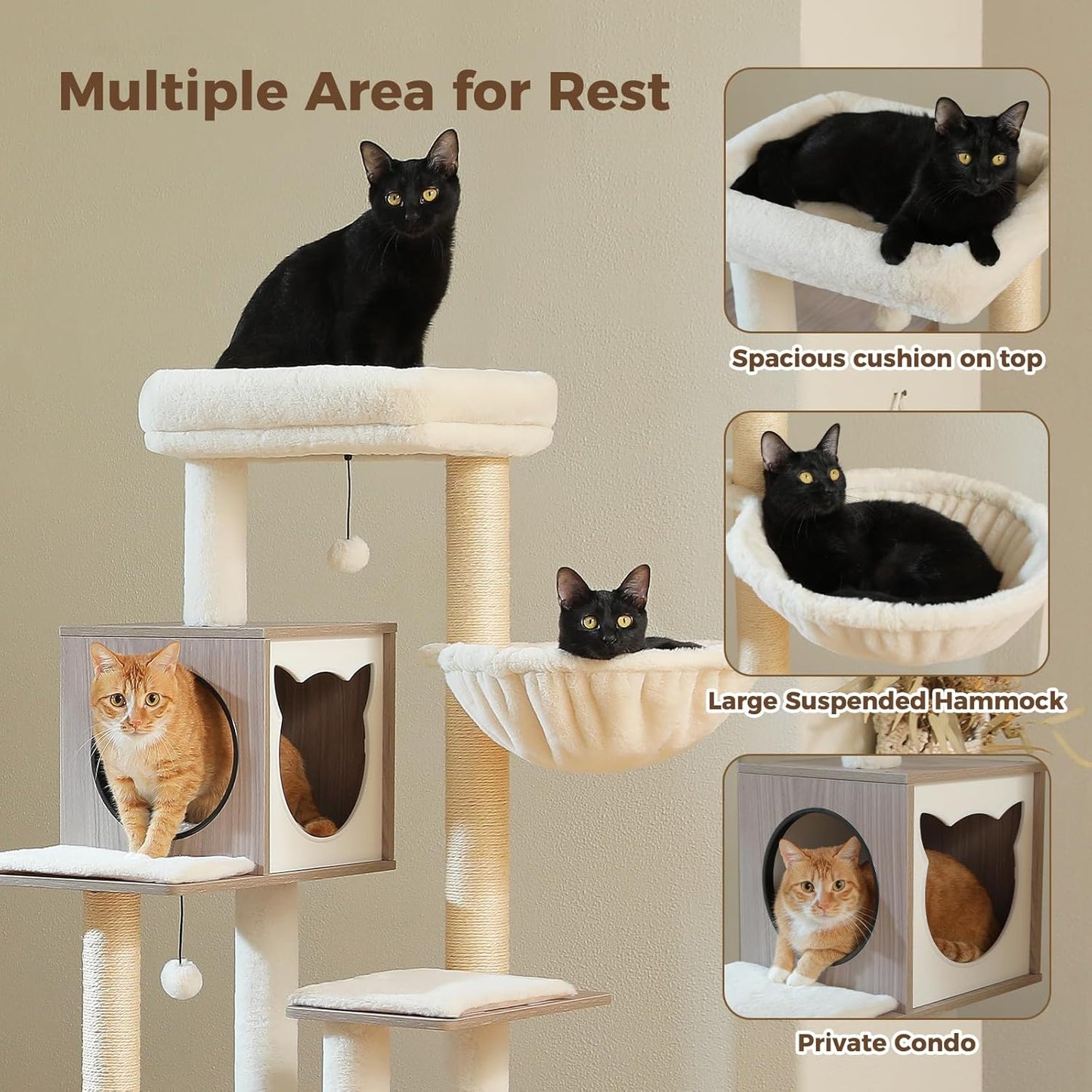 Pawz Road Modern Wooden Cat Tower – Multi-Level Tree with Storage Base, Condo & Hammock