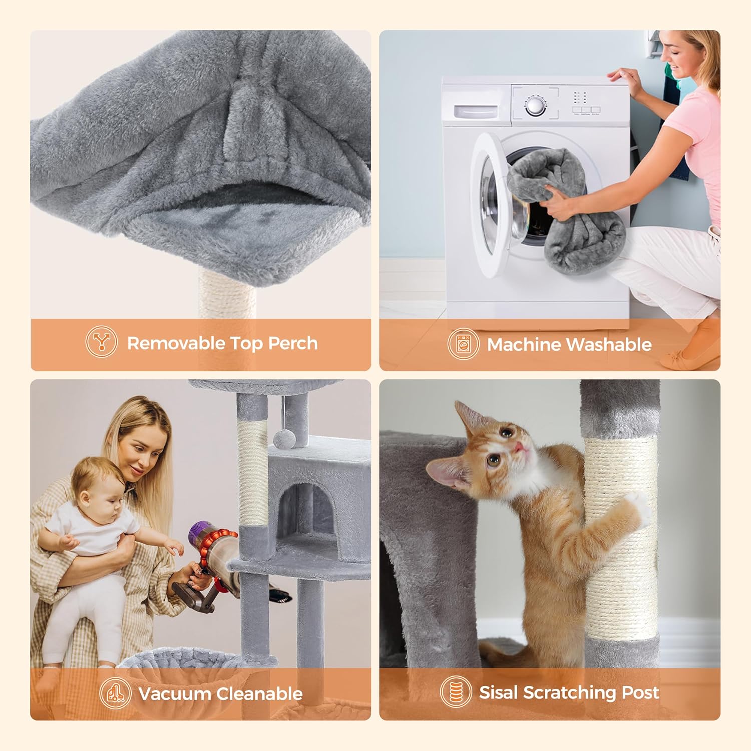 pawzroad Collage of a cat tree with features like removable top perch, machine washability, vacuum cleanability, and sisal scratching post.