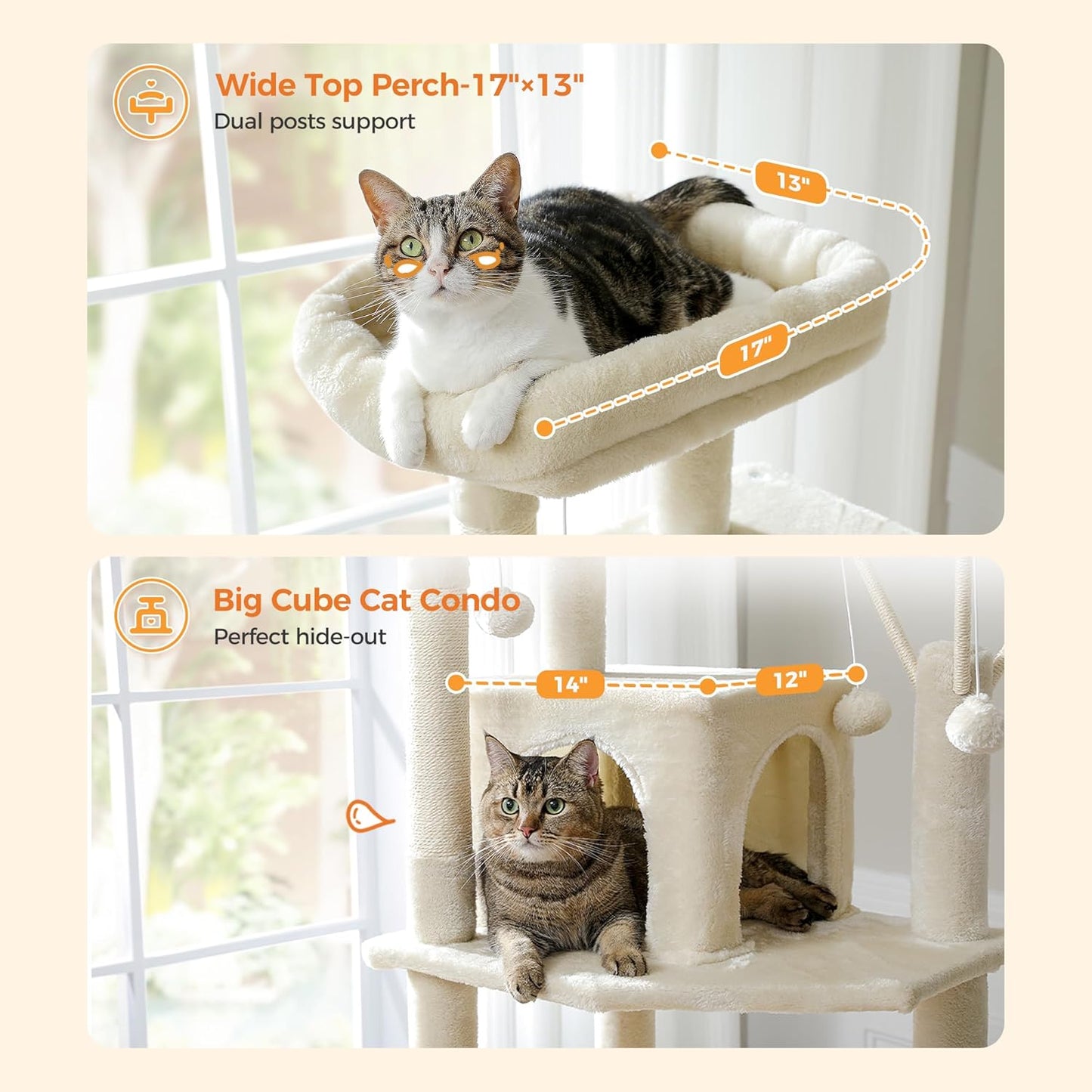 Cat tree with wide top perch and big cube cat condo, featuring measurements and a cat on each level.