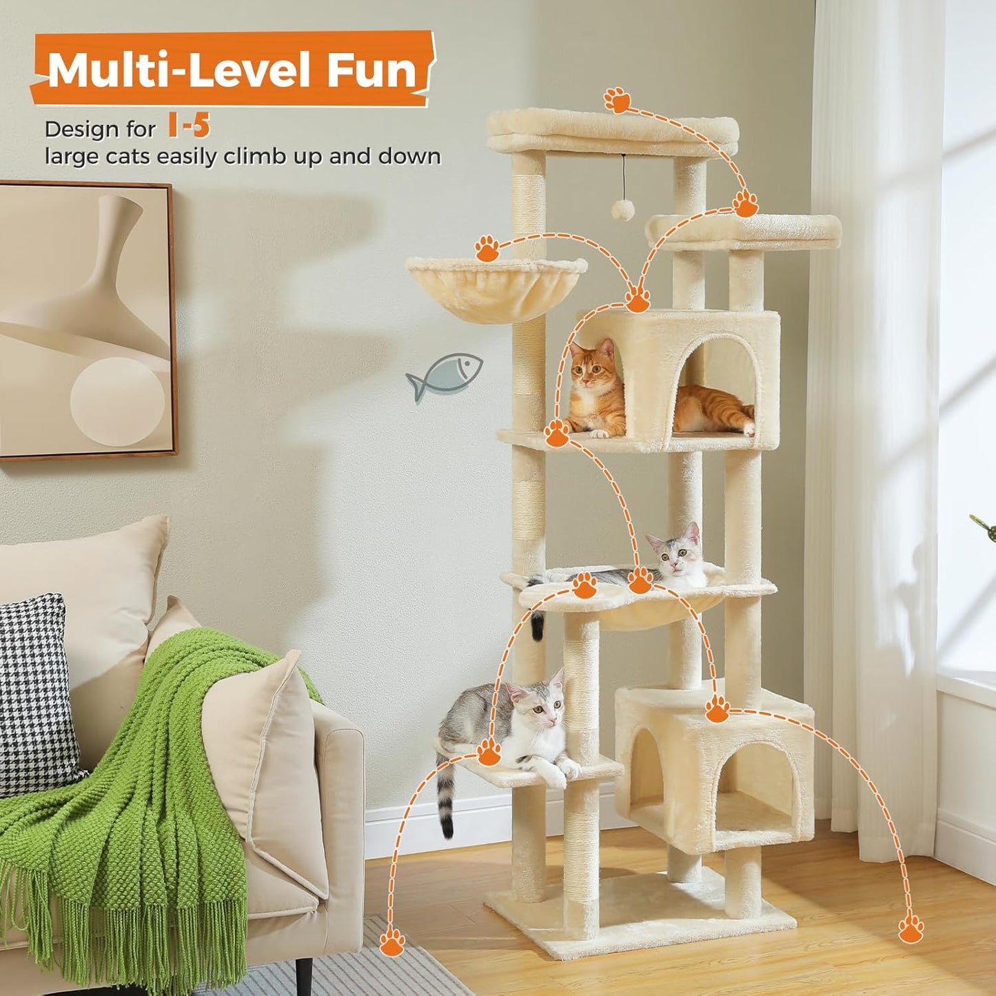 Cat tree with multiple levels and cats on a wooden floor in a living room.