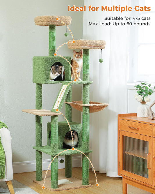 Pawz Road Cactus Cat Tree, 70.9" Tall Cat Tree for Indoor Cats, Large Cat Tree for Large Cats, Multi-Level Tall Cat Tower with 6 Scratching Posts, 2 Cat Condos, 2 Perches, Large Hammock, Pompoms, Green