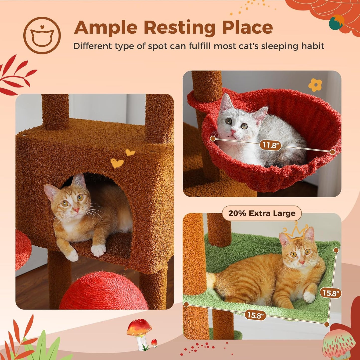 PAWZ Road Mushroom Cat Tree, Adjustable Floor-to-Ceiling Cat Tower (90.5"-100.4") with Cat Condo, Cozy Hammock, and Scratching Post, Tall Activity Tree for Indoor Cats, Brown