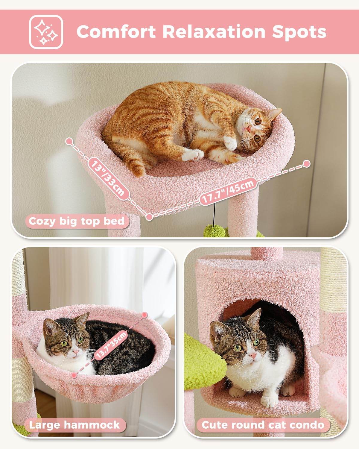Cat resting on a pink cat tree with measurements and text indicating comfort relaxation spots.
