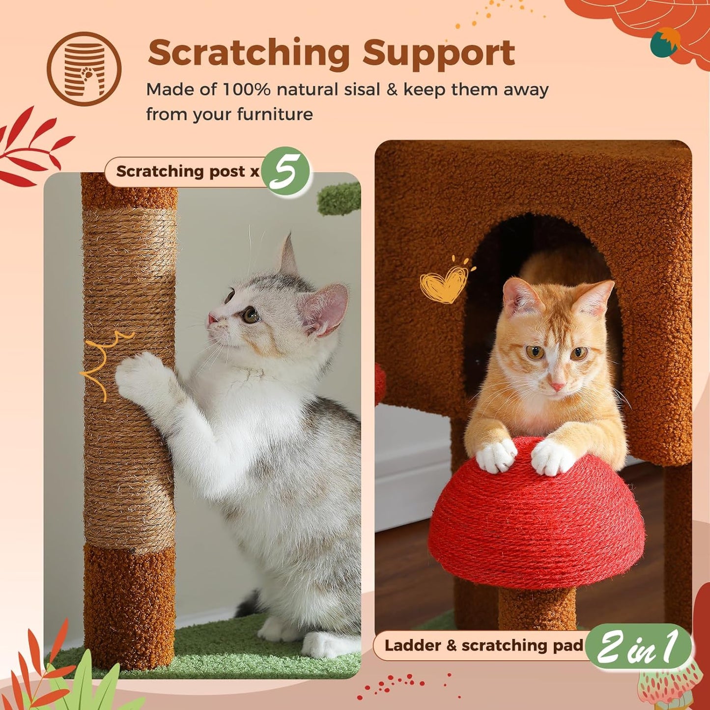 PAWZ Road Mushroom Cat Tree, Adjustable Floor-to-Ceiling Cat Tower (90.5"-100.4") with Cat Condo, Cozy Hammock, and Scratching Post, Tall Activity Tree for Indoor Cats, Brown