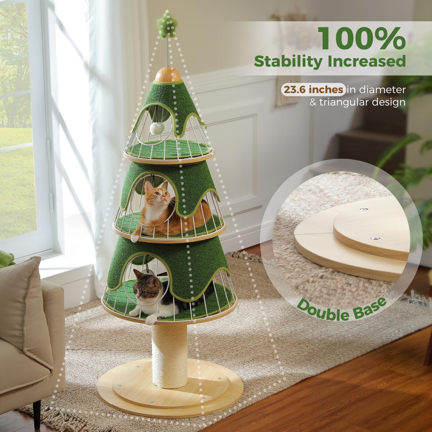 Three-tiered cat tree with a double base design in a living room setting.