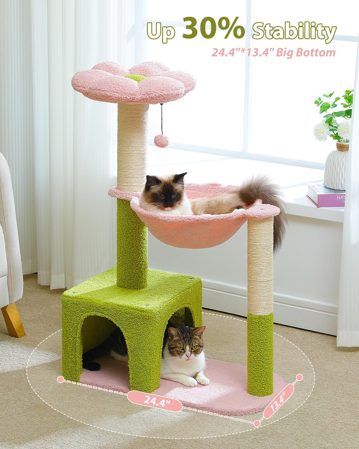 pawz road Cat playing on a green and pink cat tree with stability information displayed.