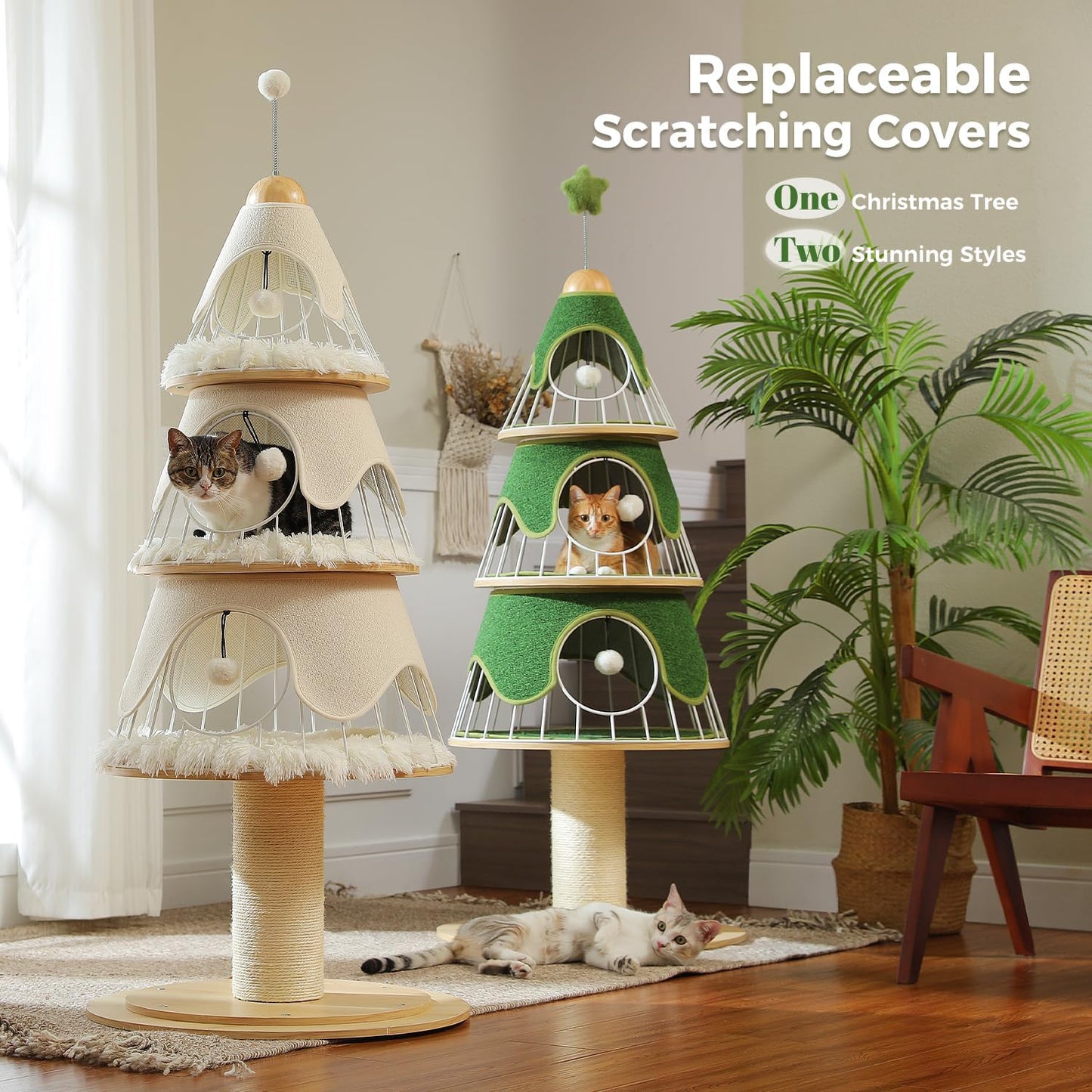 Two cat trees with replaceable scratching covers in a room with a plant and chair.