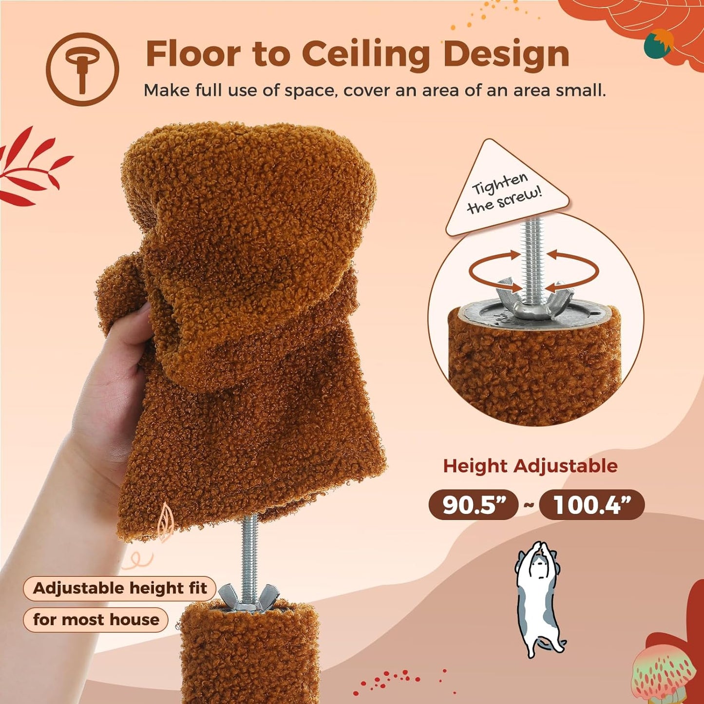 PAWZ Road Mushroom Cat Tree, Adjustable Floor-to-Ceiling Cat Tower (90.5"-100.4") with Cat Condo, Cozy Hammock, and Scratching Post, Tall Activity Tree for Indoor Cats, Brown
