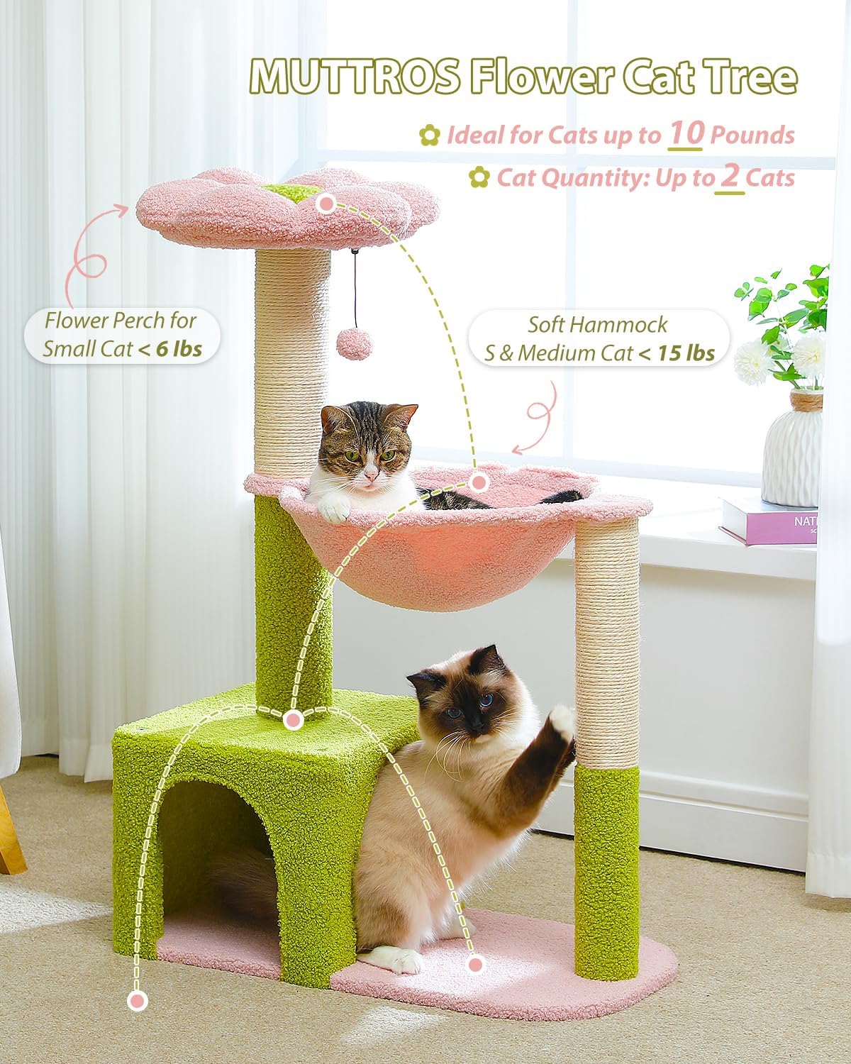 pawz road Cat tree with pink flower perch and green base, featuring two cats on a light-colored floor.