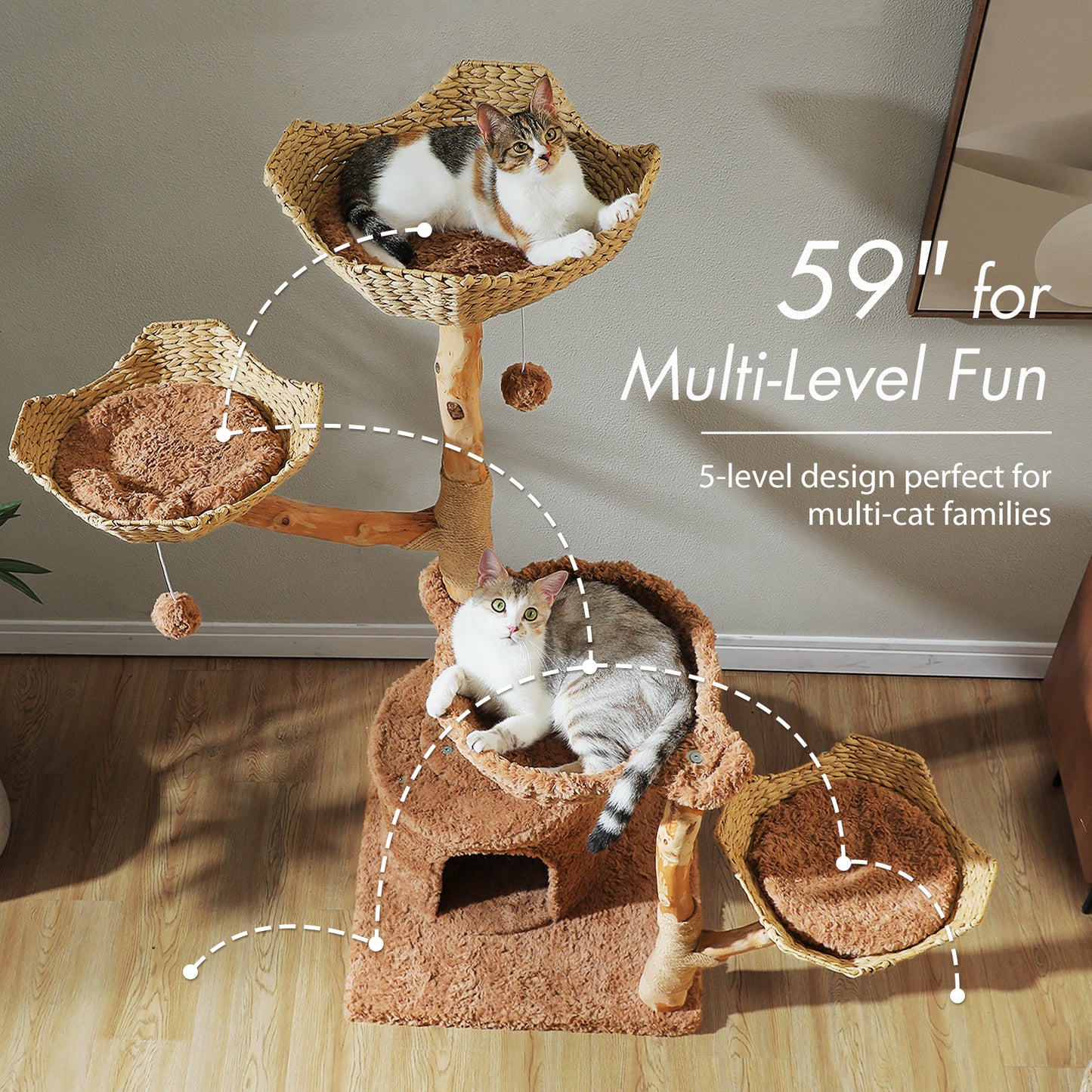 PAWZ Road Cat Tree for Indoor Cats Large Adults, 59 Inches Modern Cat Tower with 3 Large Baskets, Natural Solid Wood, Luxury Condo and Hammock, Modern Furniture for Big Cats, Brown