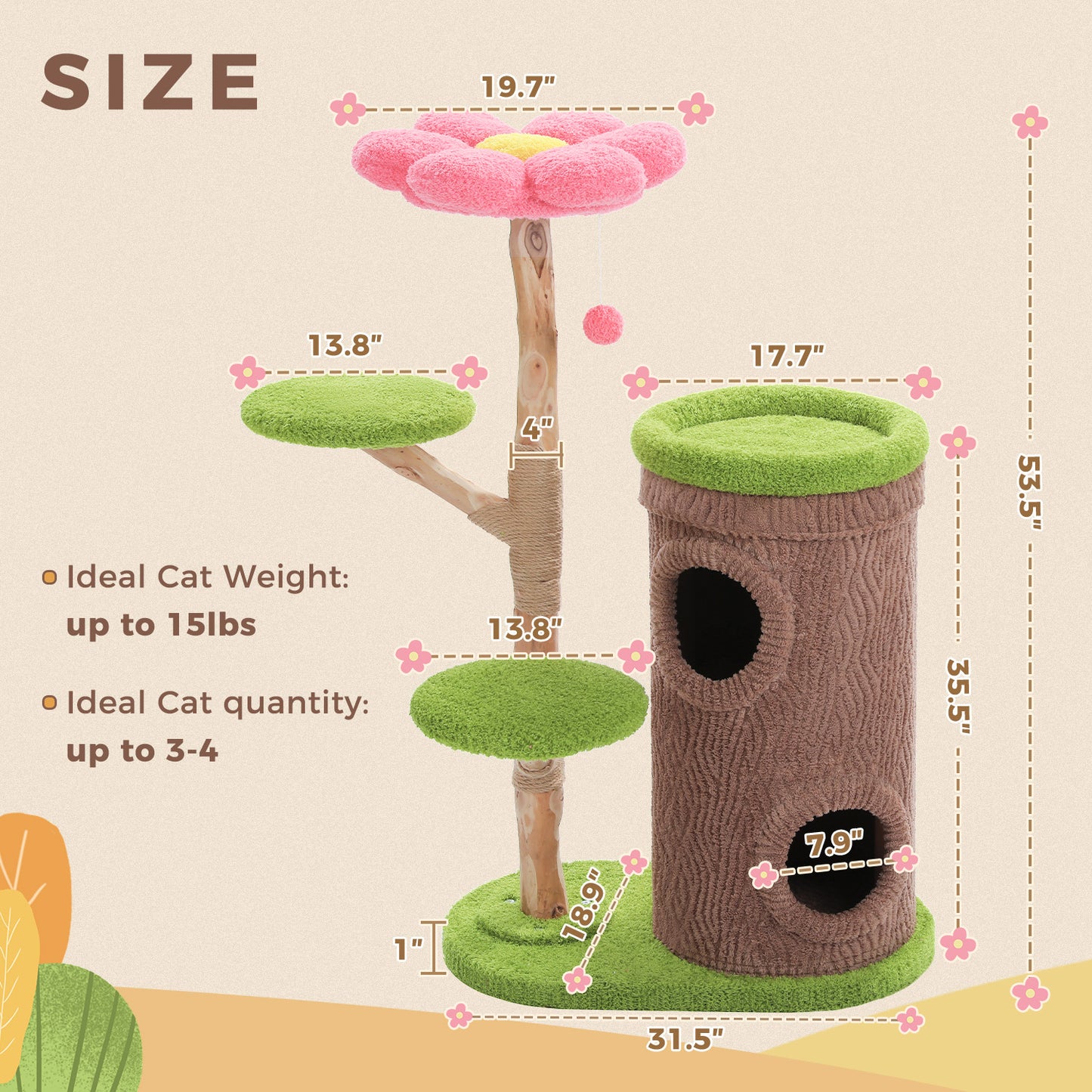 53.5 in (136 cm) Flower Cat Tree with Cat Condo, Solid Wood Scratching Posts & Washable Top Perch — for Cats up to 6.8 kg (15 lb)