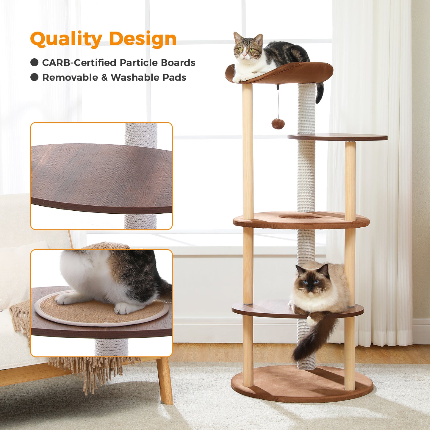 Modern Wooden Multi-Level Cat Tree with Curved Perch & Cotton Rope Scratcher