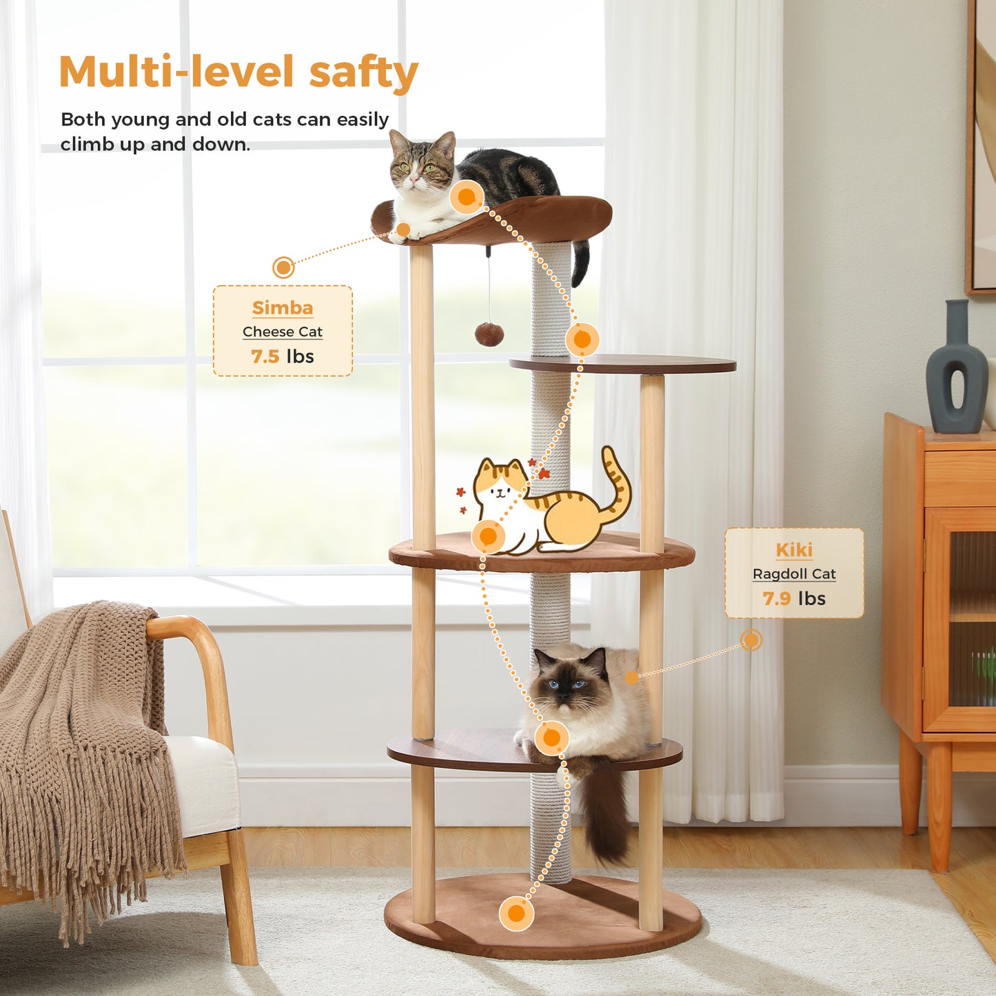 Modern Wooden Multi-Level Cat Tree with Curved Perch & Cotton Rope Scratcher