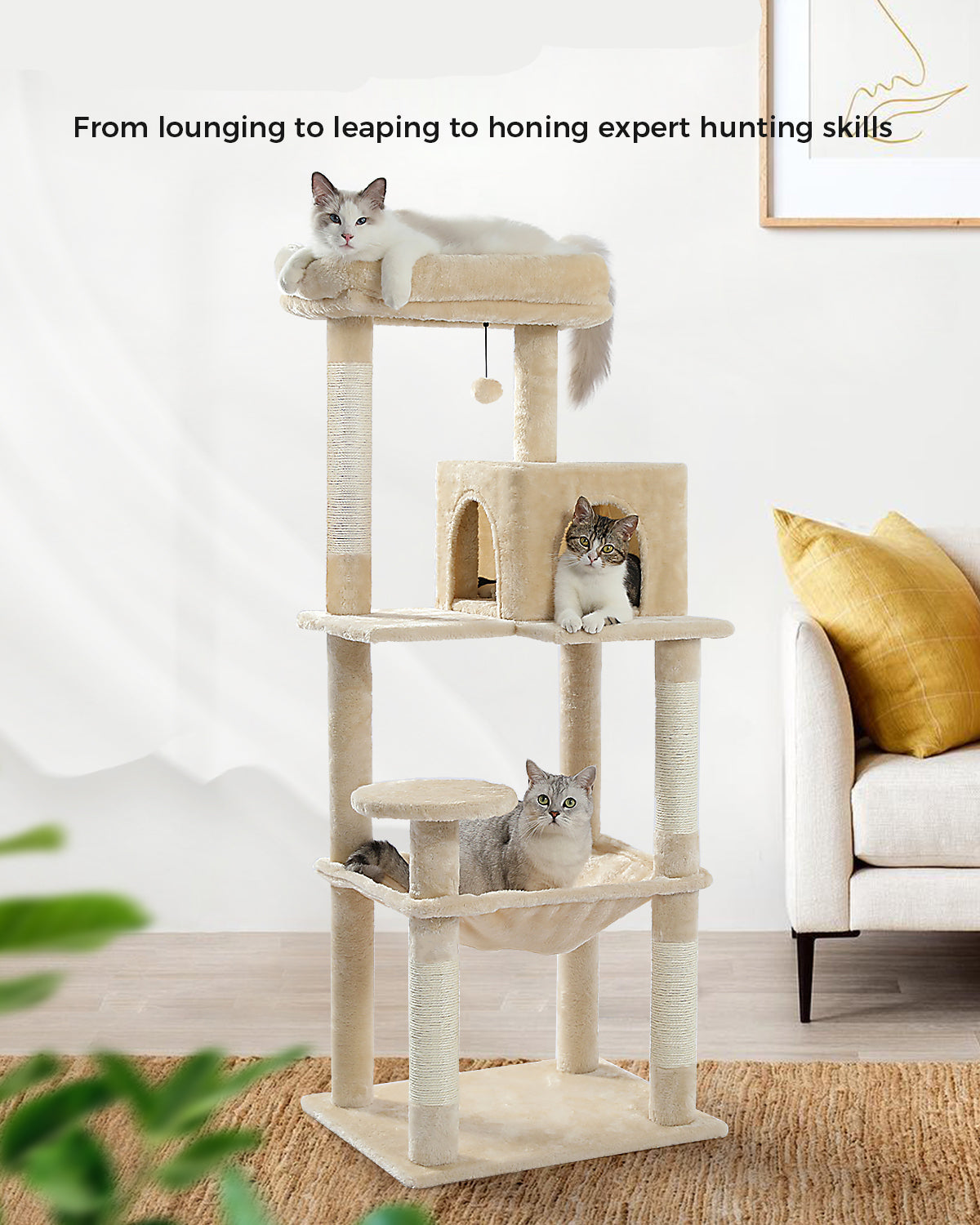 pawzroad Cat tree with multiple levels and a cat on each level in a living room setting.