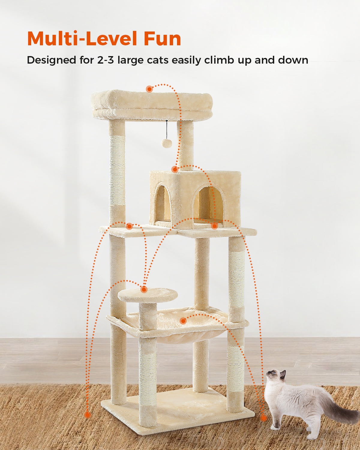 pawzroad Cat tree with multiple levels and a cat walking on a wooden floor.