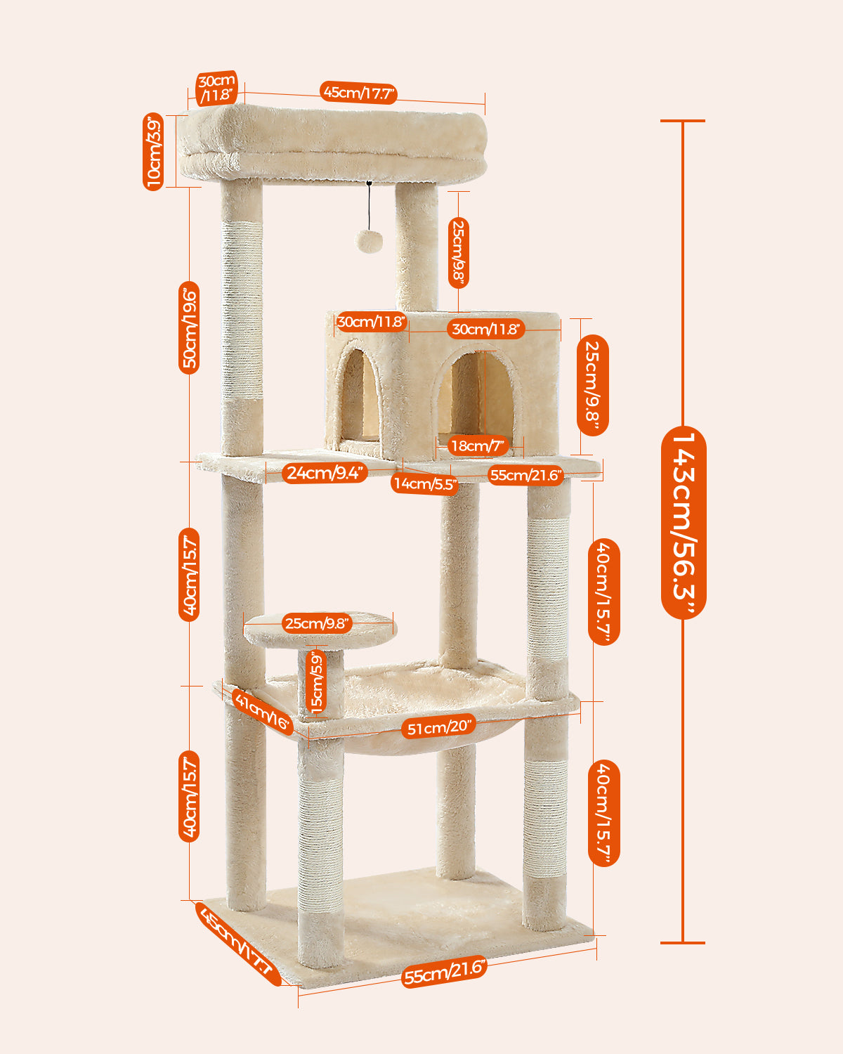pawzroad  Cat tree with dimensions labeled on a beige background