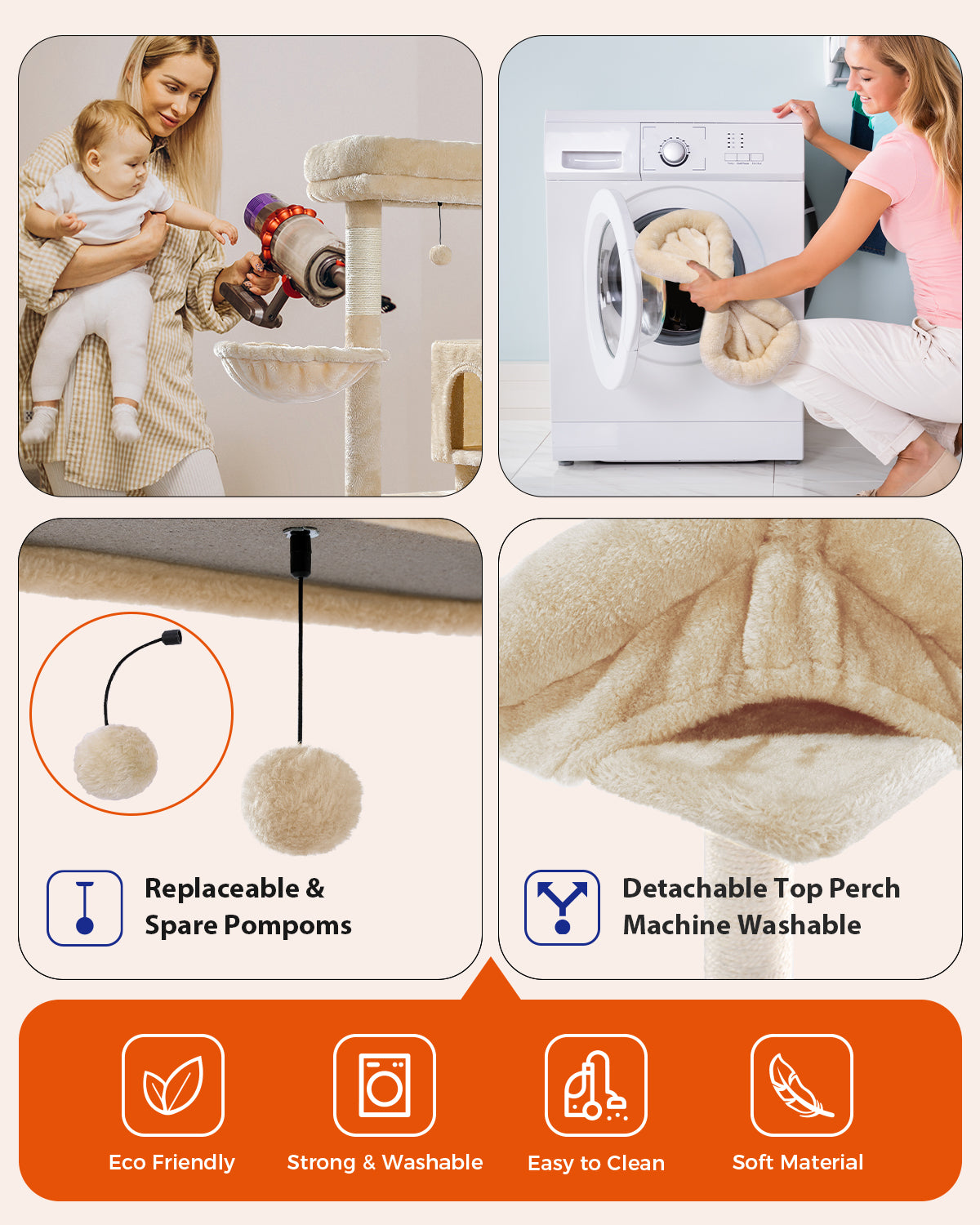 pawzroad Collage of a woman with a baby, a washing machine, a cat tree, and a close-up of a product with text on eco-friendliness and features.