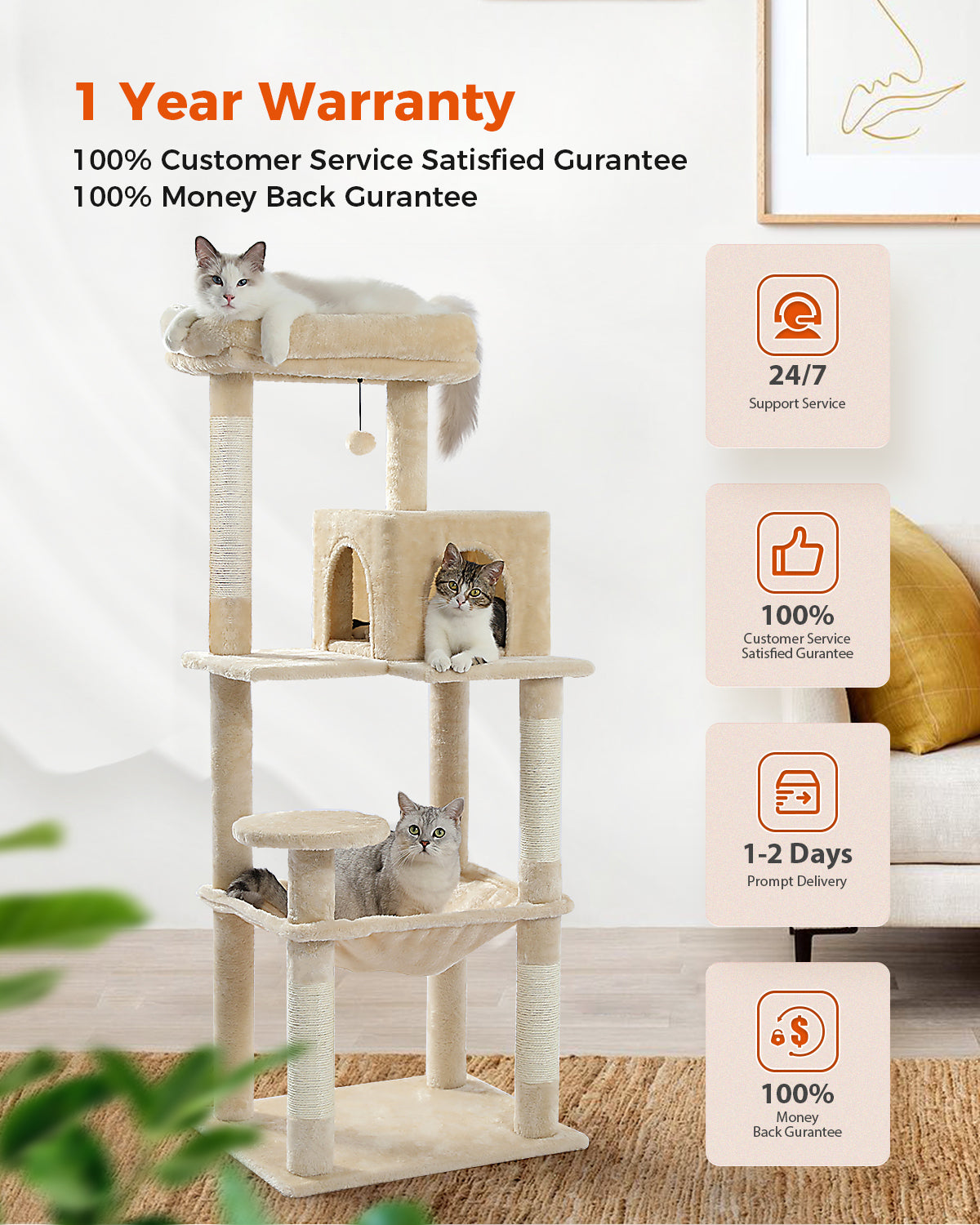 pawzroad  Cat tree with cats on multiple levels, featuring warranty and support information.