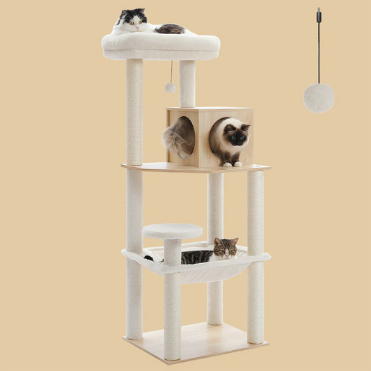 Pawz Road Tall Cat Tree [56.3''=143CM] for Large Cats, Wood Modern Cat Tower with Sisal Covered Scratching Posts, Cozy Condo and Super Large Hammock for Indoor Cats, Beige