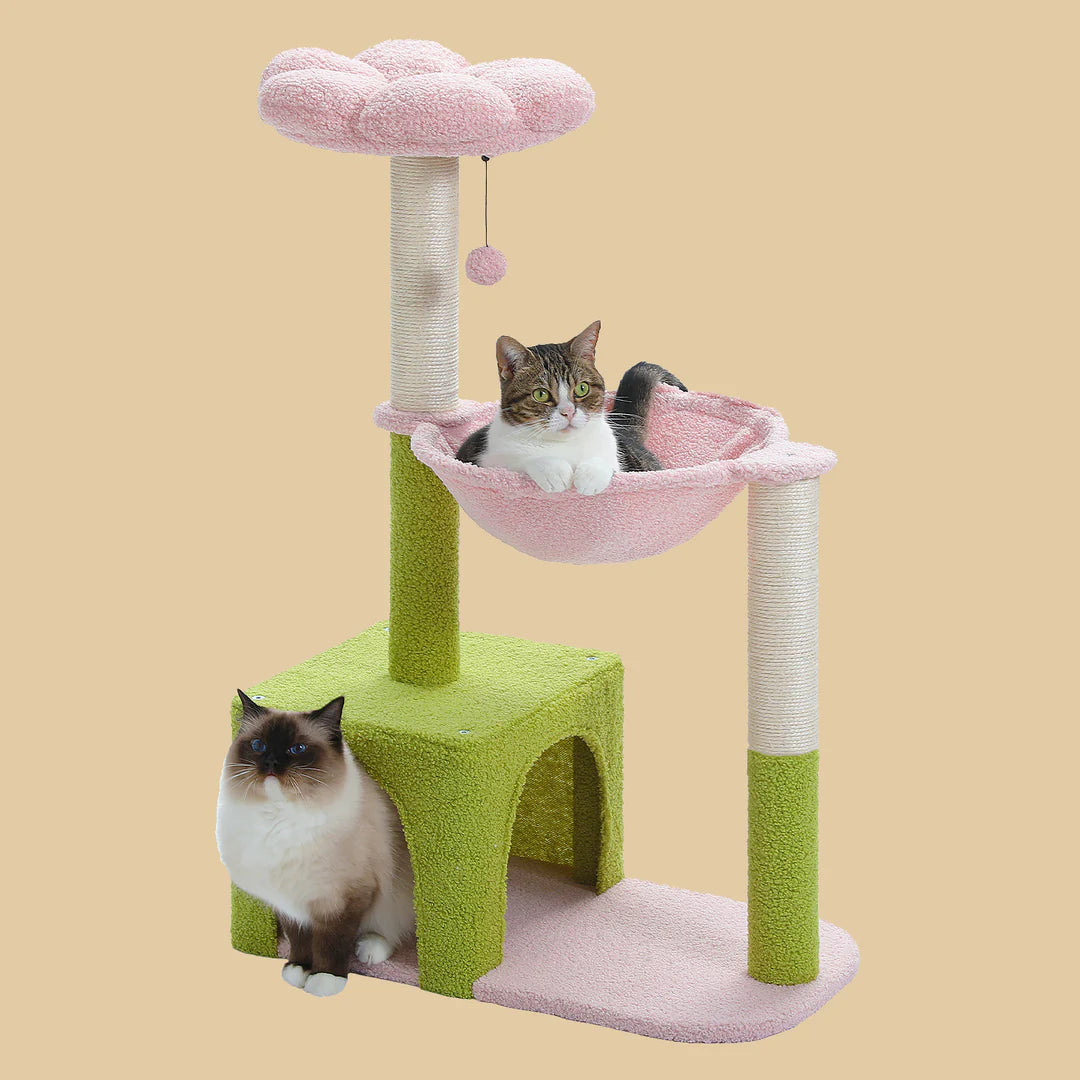 pawz road Cat tree with green base, pink platform, and pink cushion on a beige background